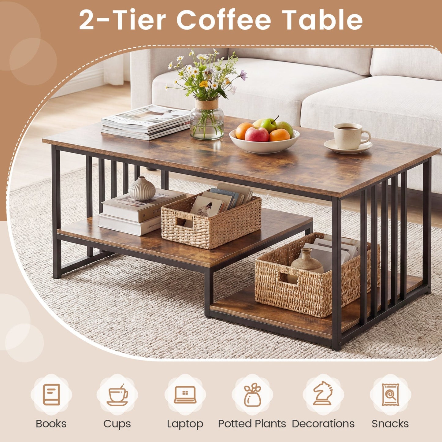 43.5" Coffee Table 2-Tier with Open Storage Shelf