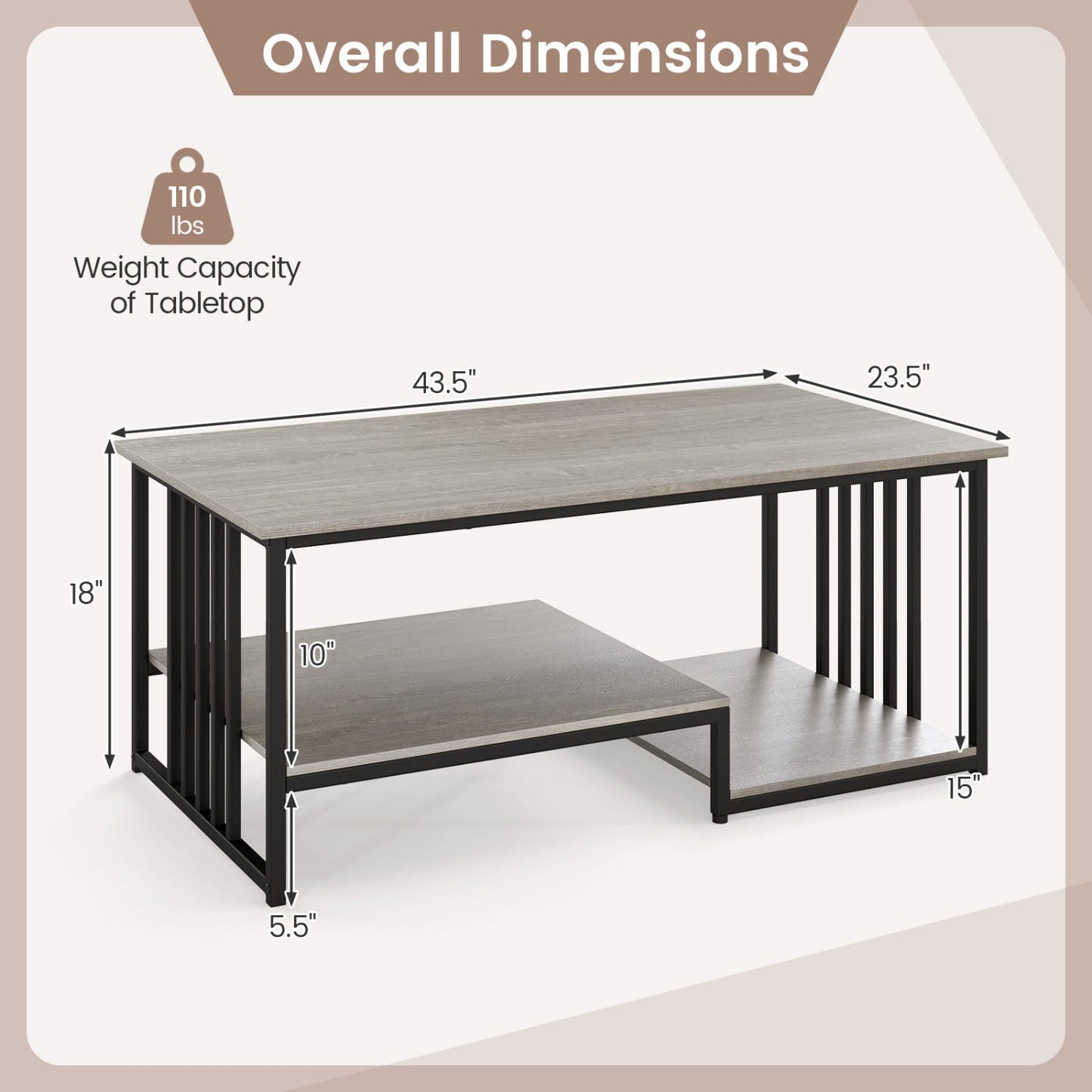 43.5" Coffee Table 2-Tier with Open Storage Shelf