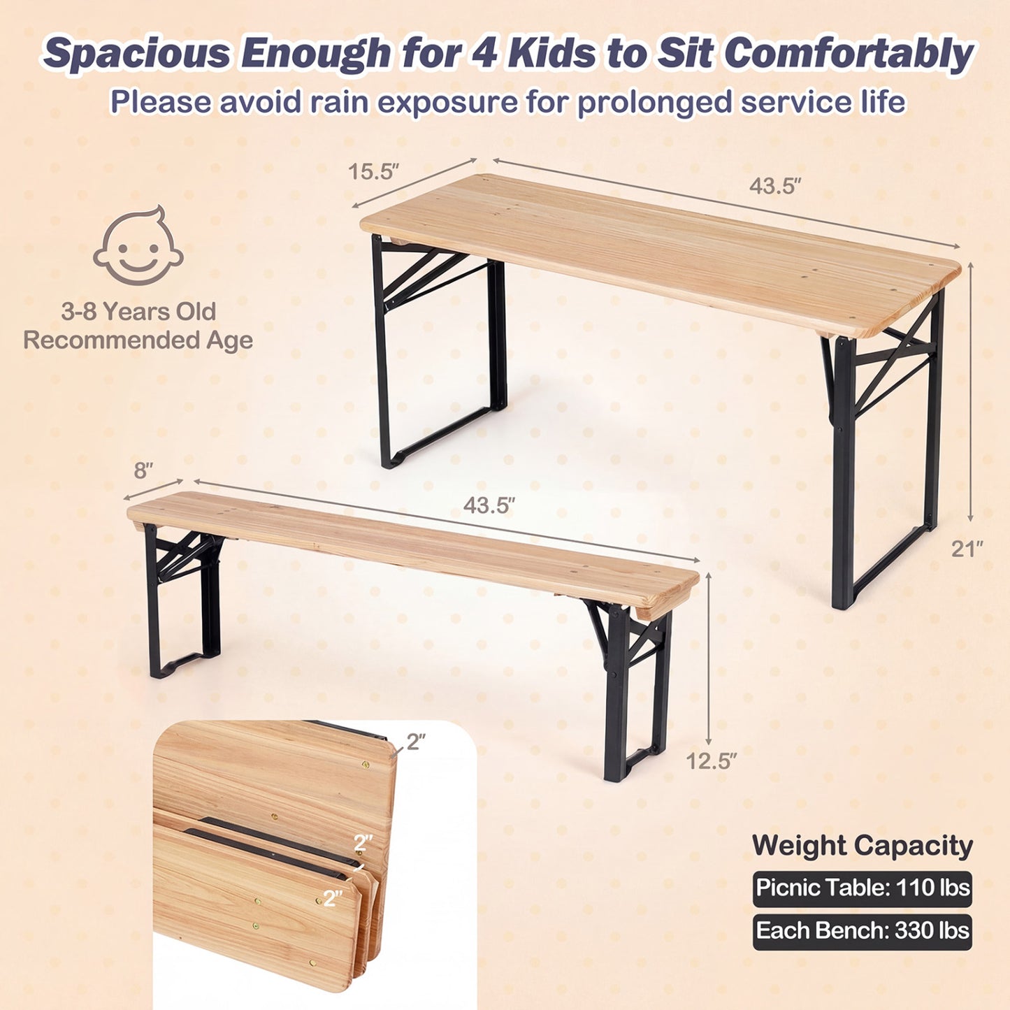 Kids Folding Picnic Table & Bench Set - 43.5 Inch Wood