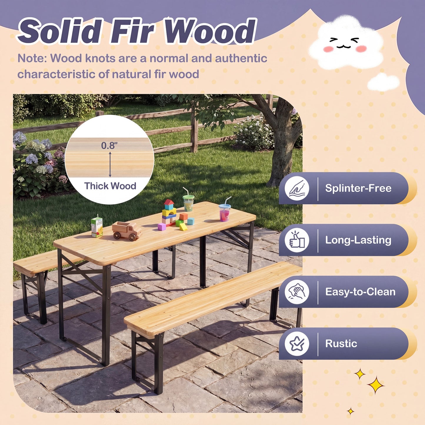 Kids Folding Picnic Table & Bench Set - 43.5 Inch Wood