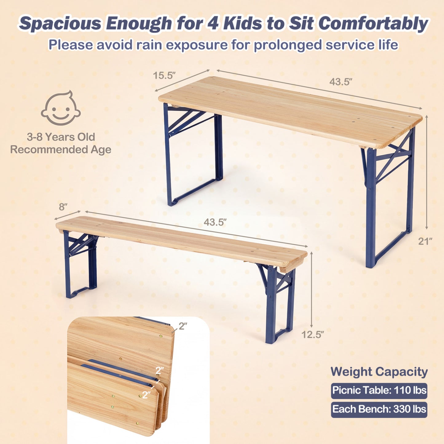 Kids Folding Picnic Table & Bench Set - 43.5 Inch Wood