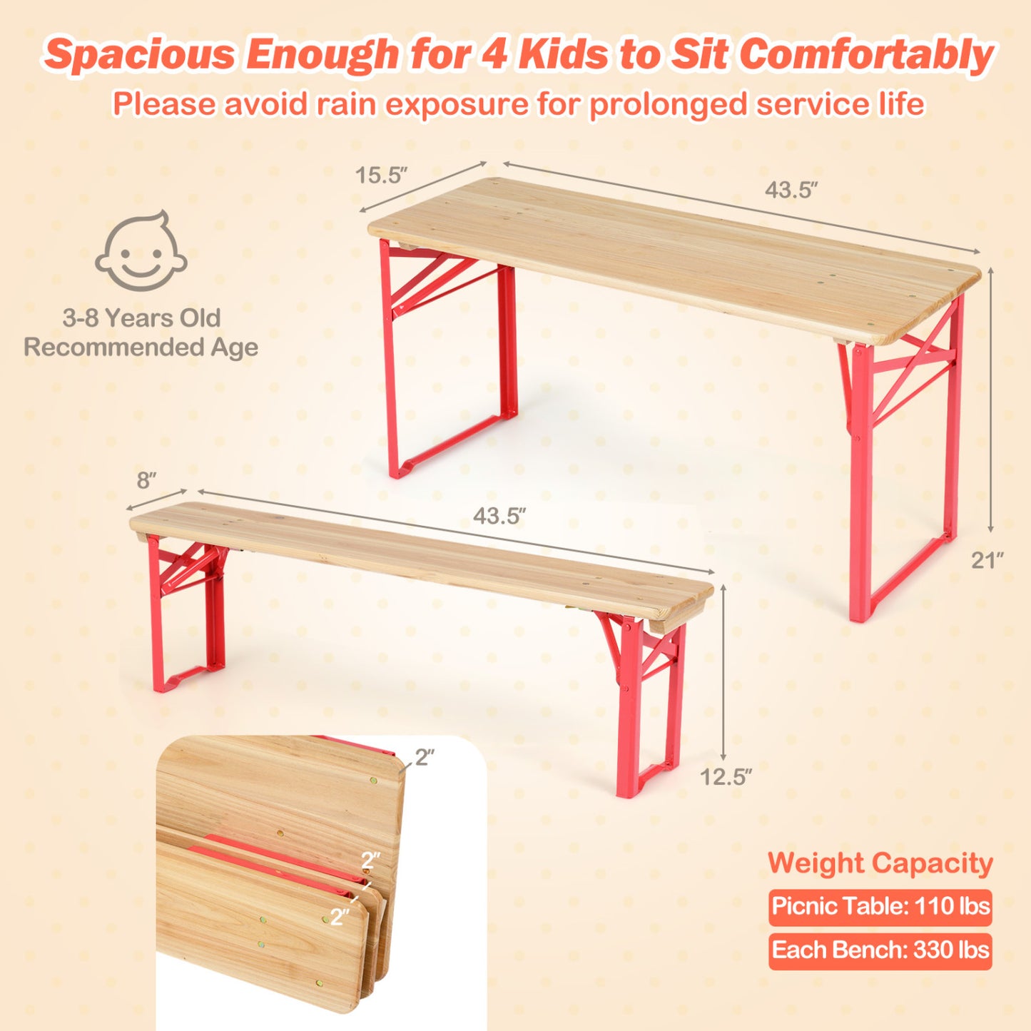 Kids Folding Picnic Table & Bench Set - 43.5 Inch Wood