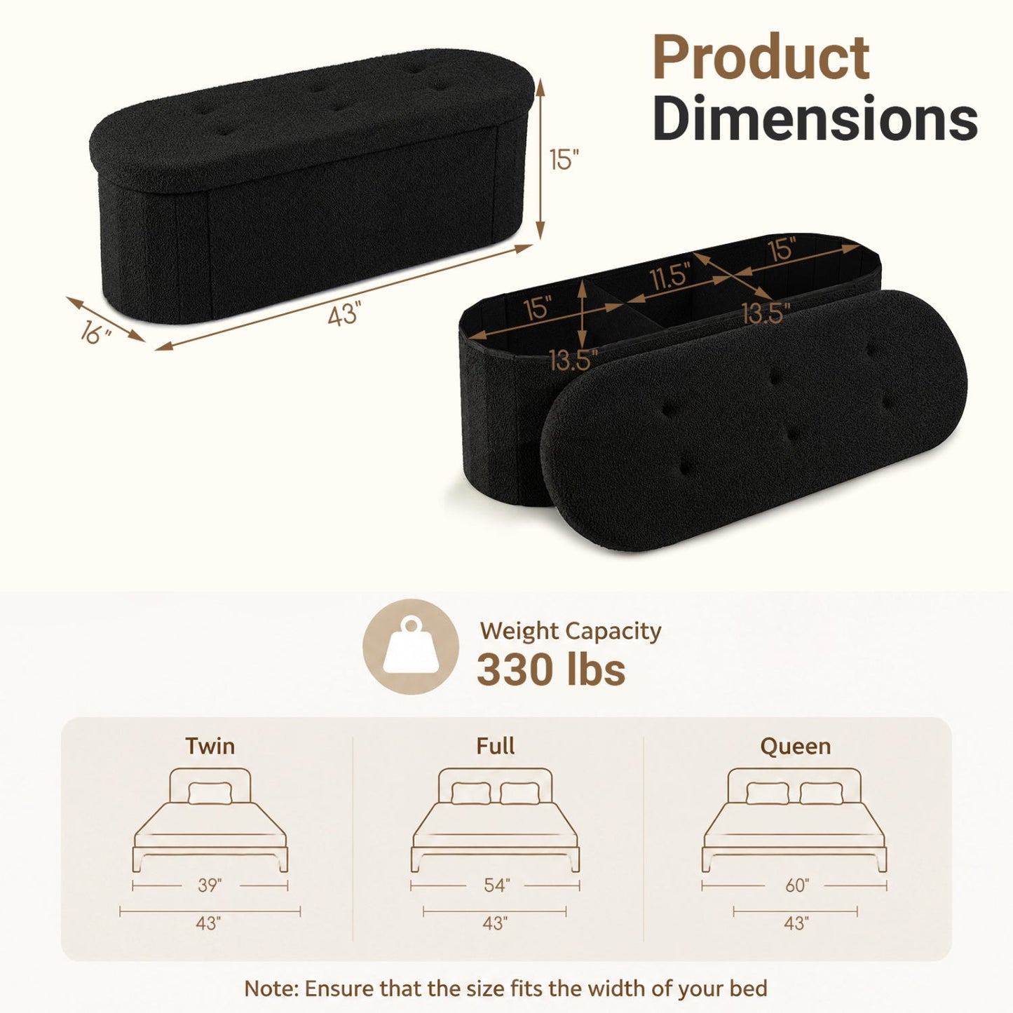 43" Folding Storage Ottoman Bench with Dividers - Teddy Fleece