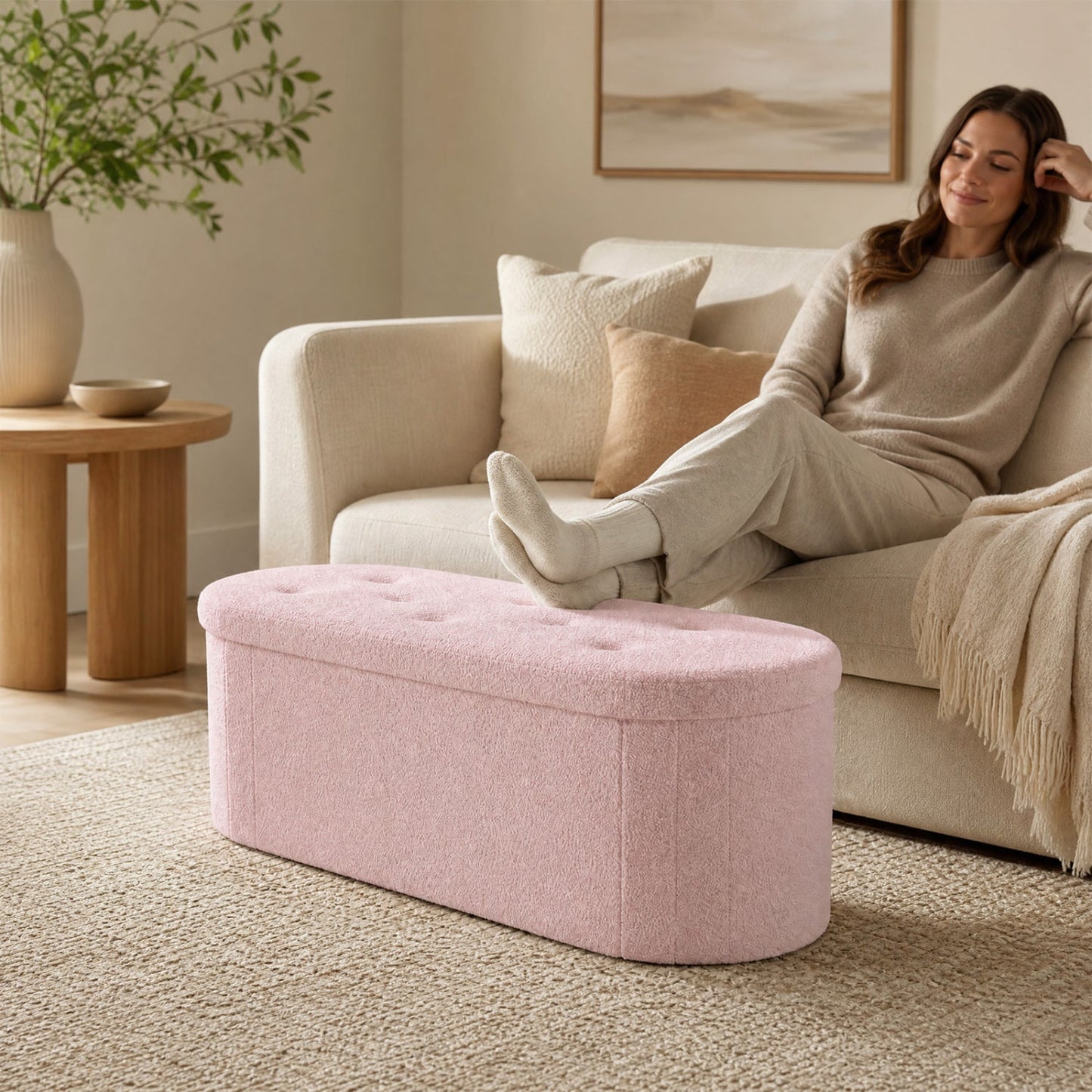 43" Folding Storage Ottoman Bench with Dividers - Teddy Fleece