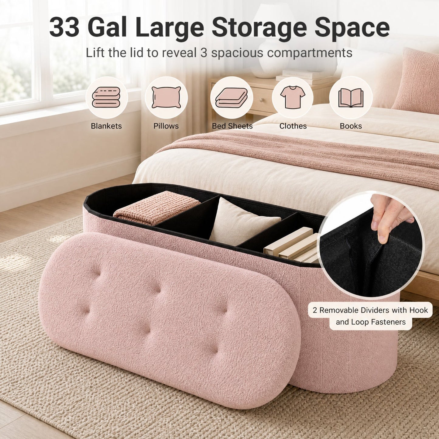 43" Folding Storage Ottoman Bench with Dividers - Teddy Fleece