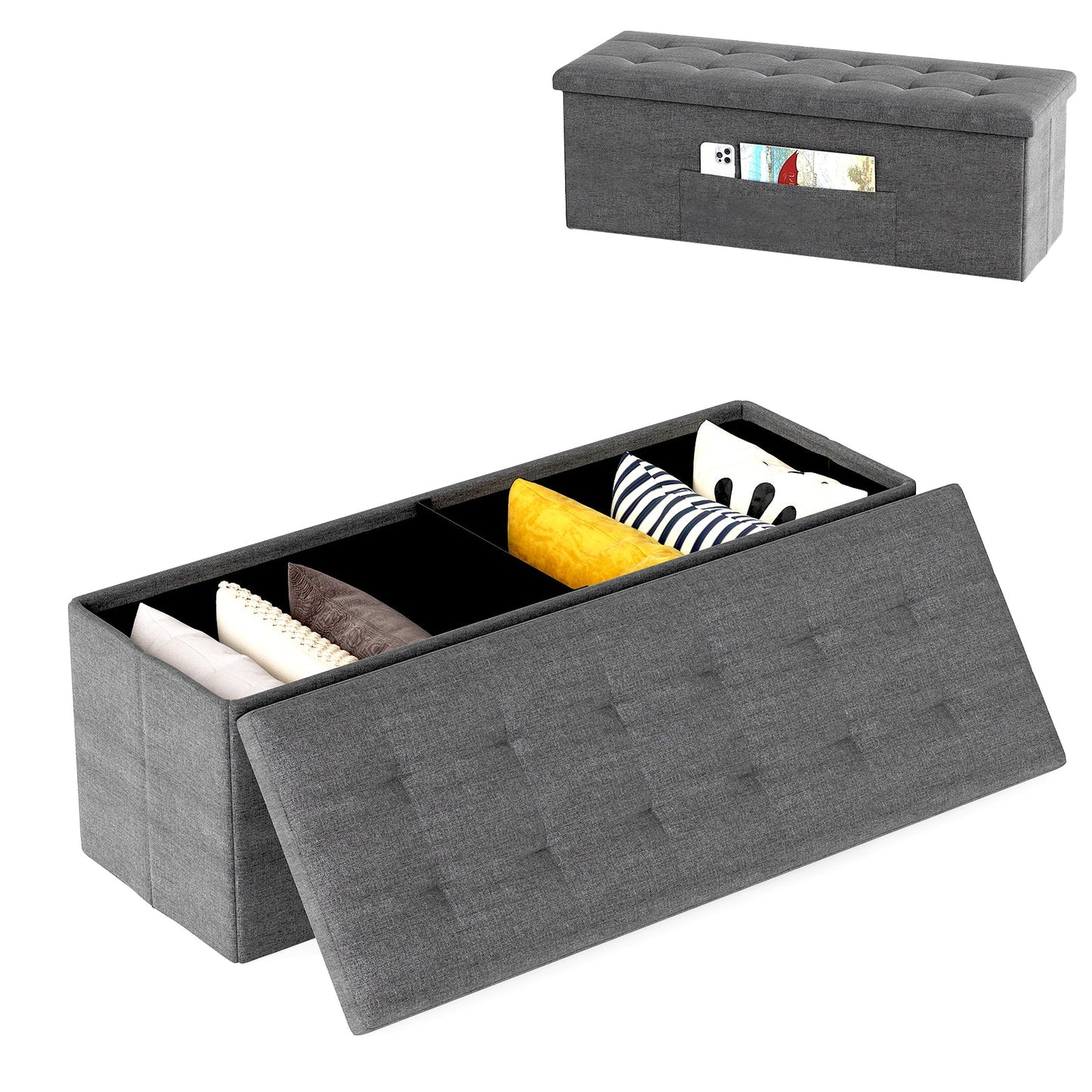 43 Inches Folding Storage Ottoman Bench Linen End of Bed Bench with Padded Seat