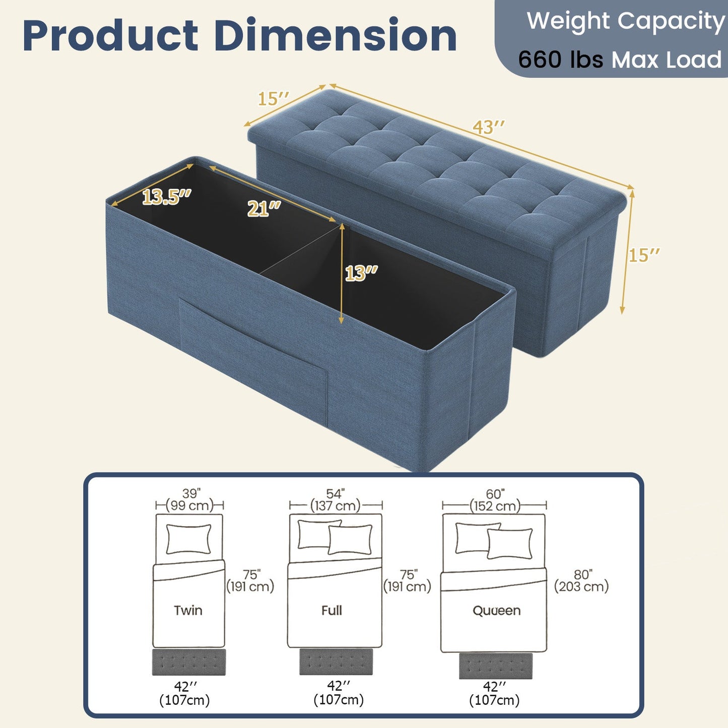 43 Inches Folding Storage Ottoman Bench Linen End of Bed Bench with Padded Seat