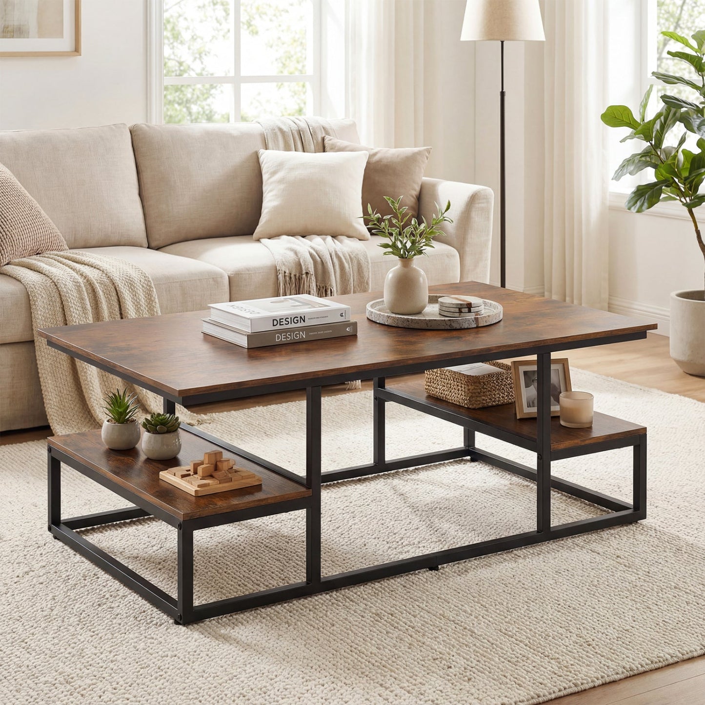 43" Rectangle Coffee Table with Storage and Open Shelves