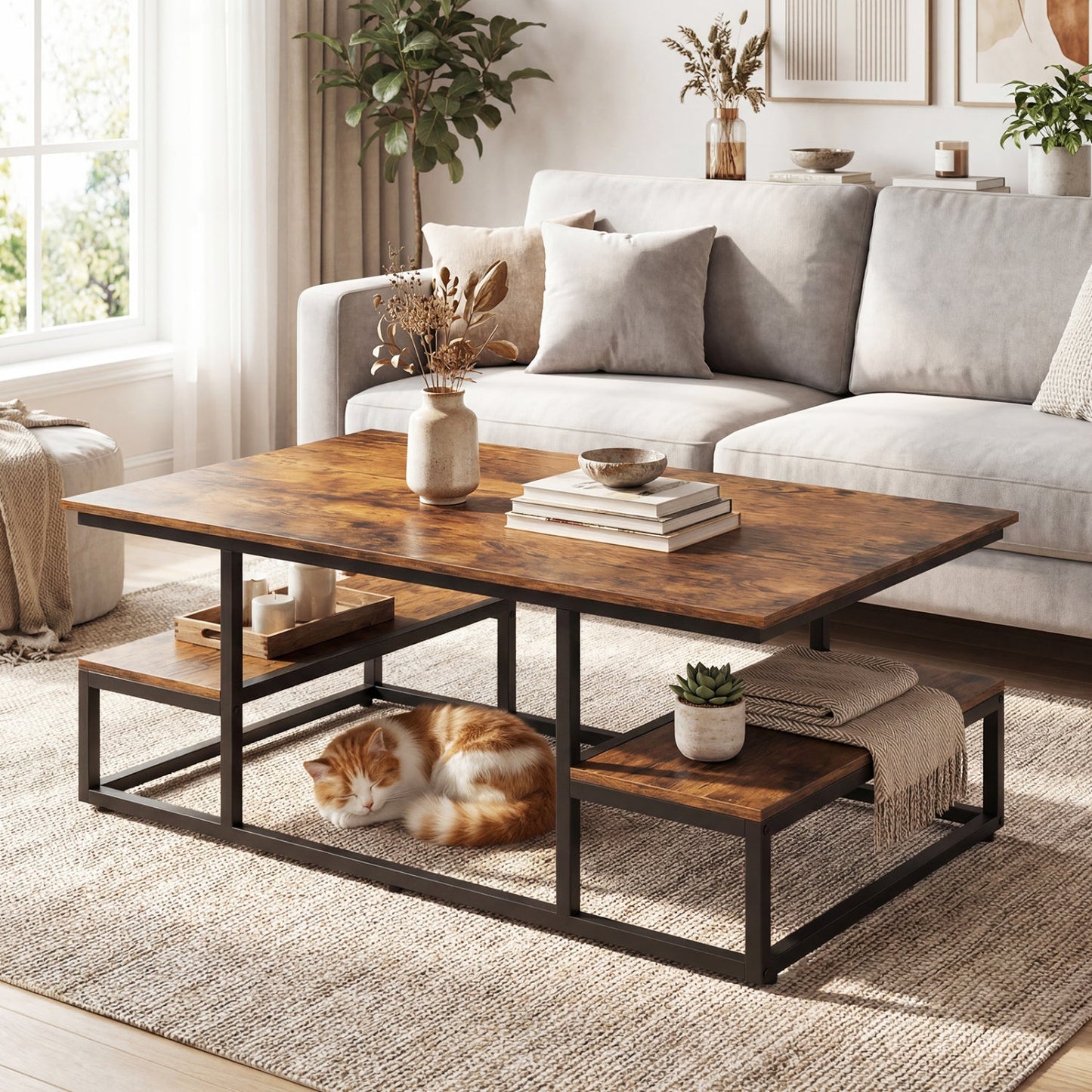 43" Rectangle Coffee Table with Storage and Open Shelves