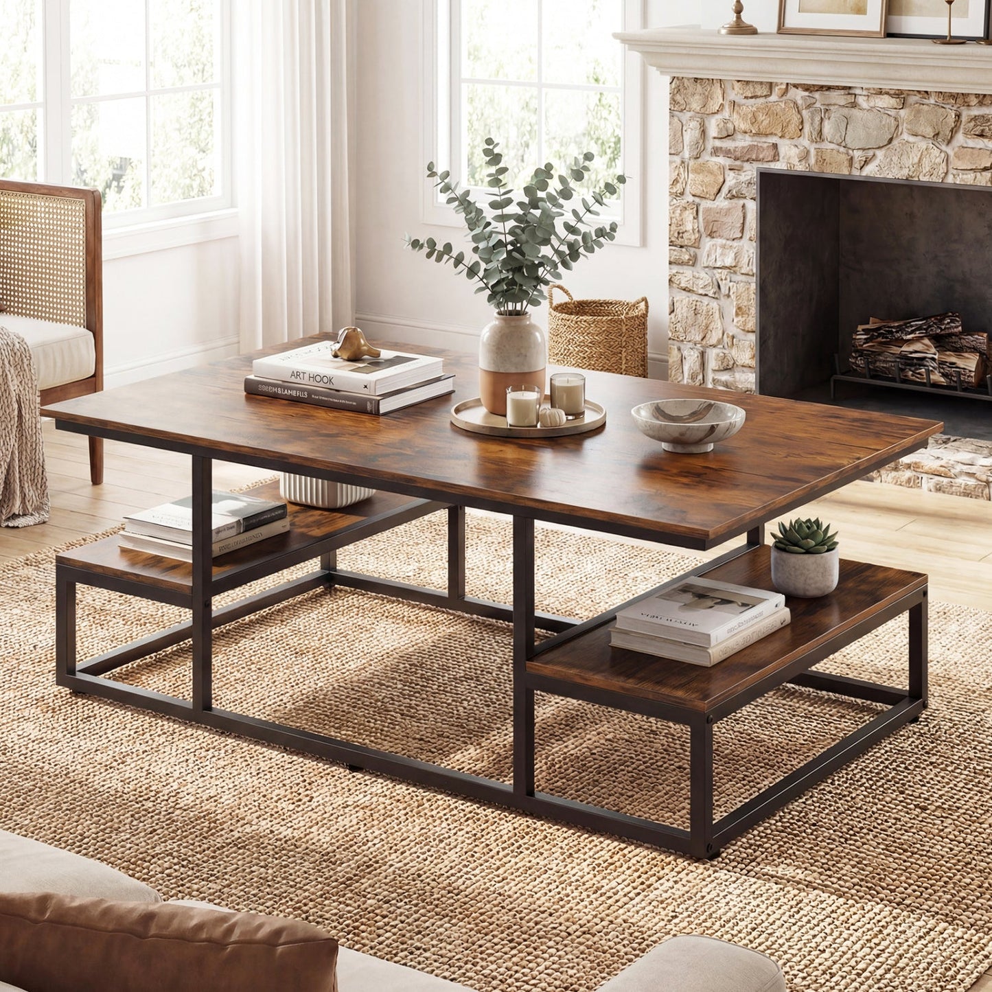 43" Rectangle Coffee Table with Storage and Open Shelves