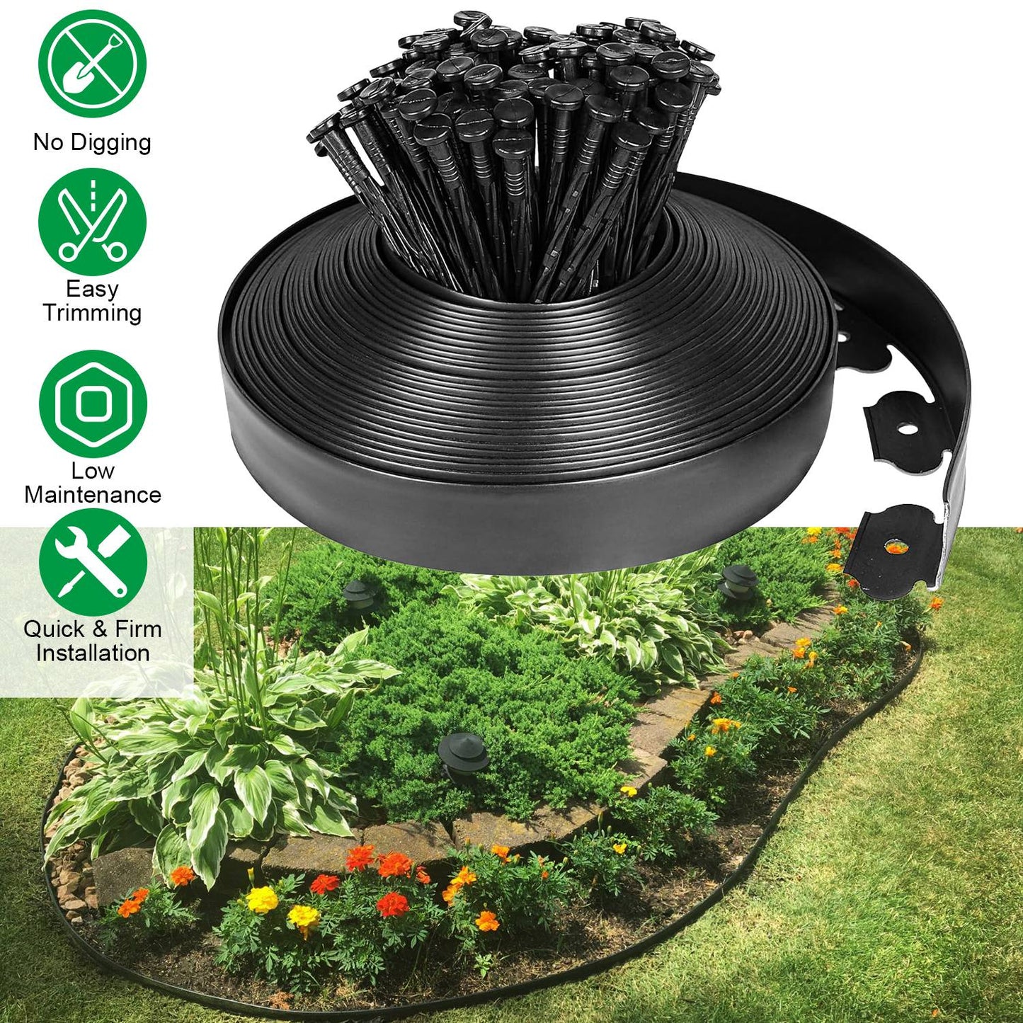 Plastic Garden Edging Kit 100FT with 90 Spikes No-Dig Border