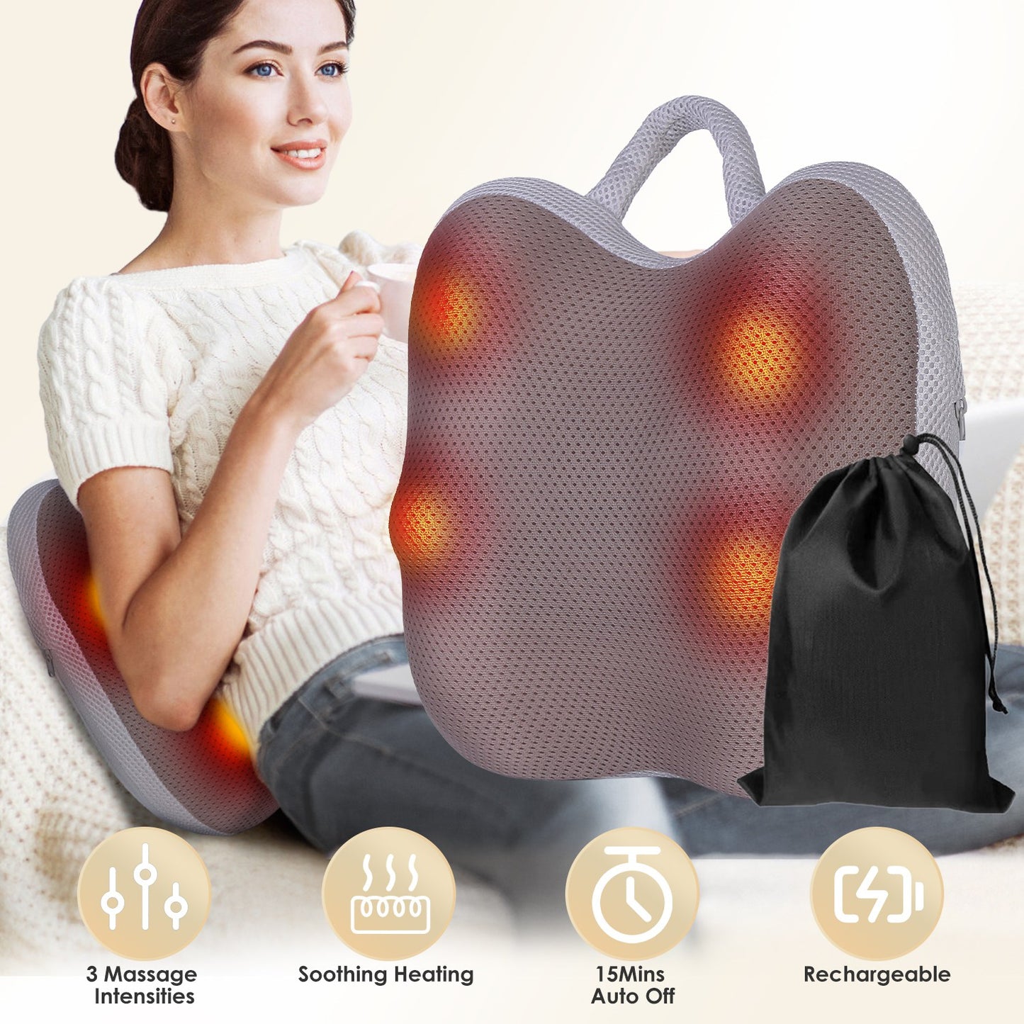 Cordless Shiatsu Back Massager with Heat & Kneading Nodes