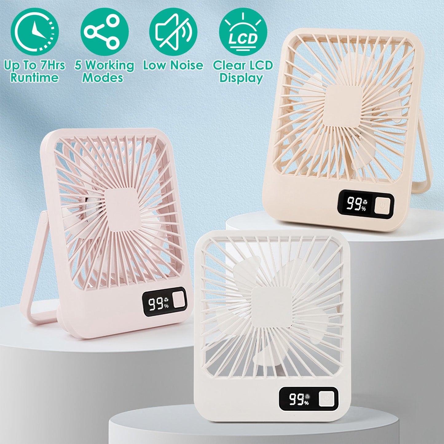 Rechargeable Desktop Fan with LCD Display & 5 Speed Settings