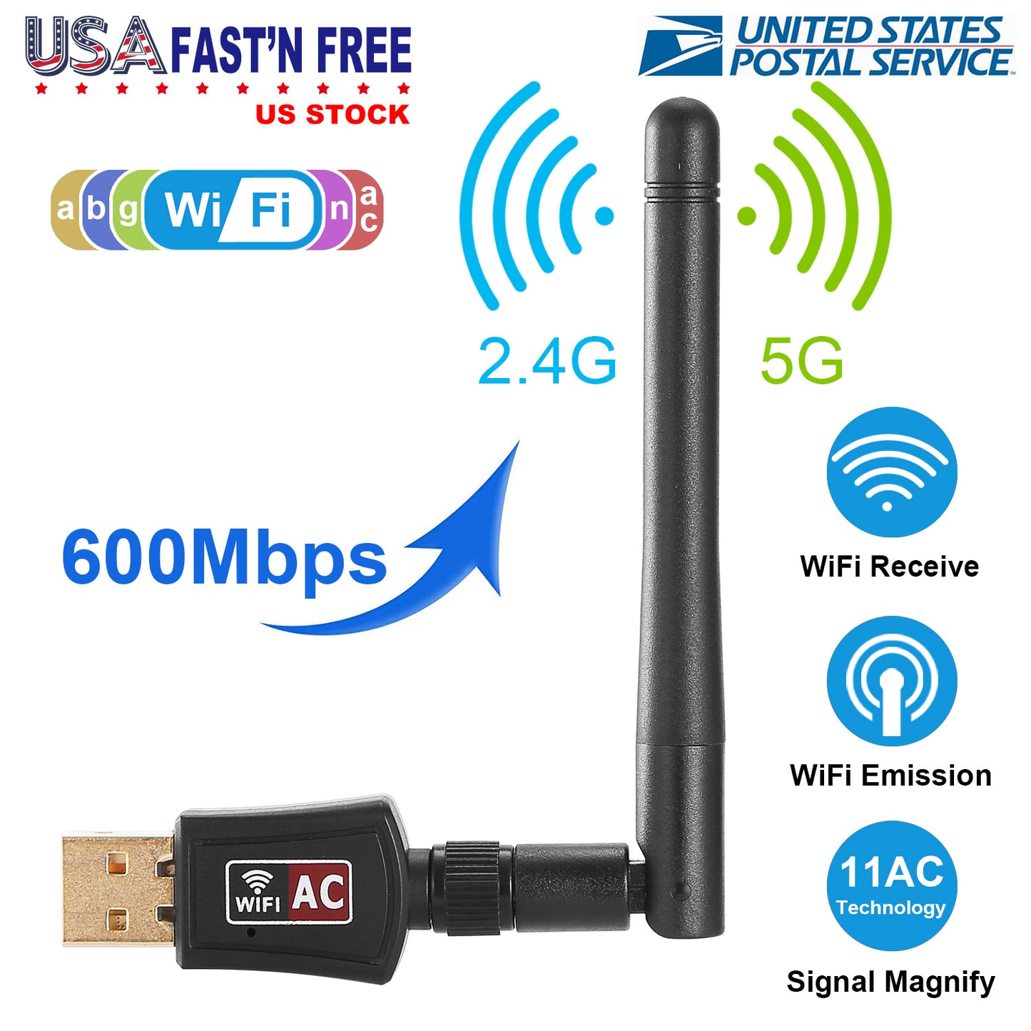 USB WiFi Adapter AC600 Dual Band with Rotating Antenna