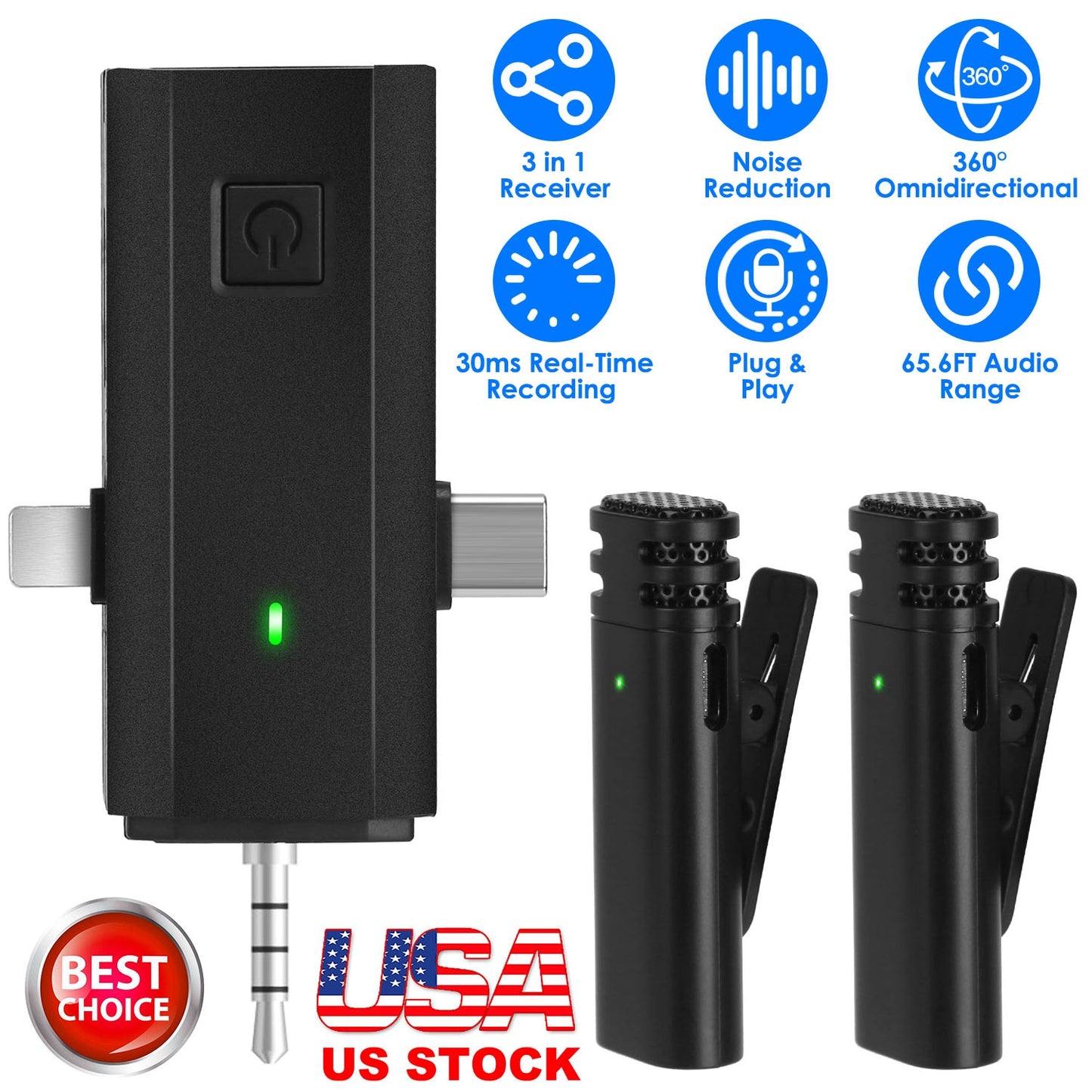 Wireless Clip-On Microphone with 3-in-1 Receiver