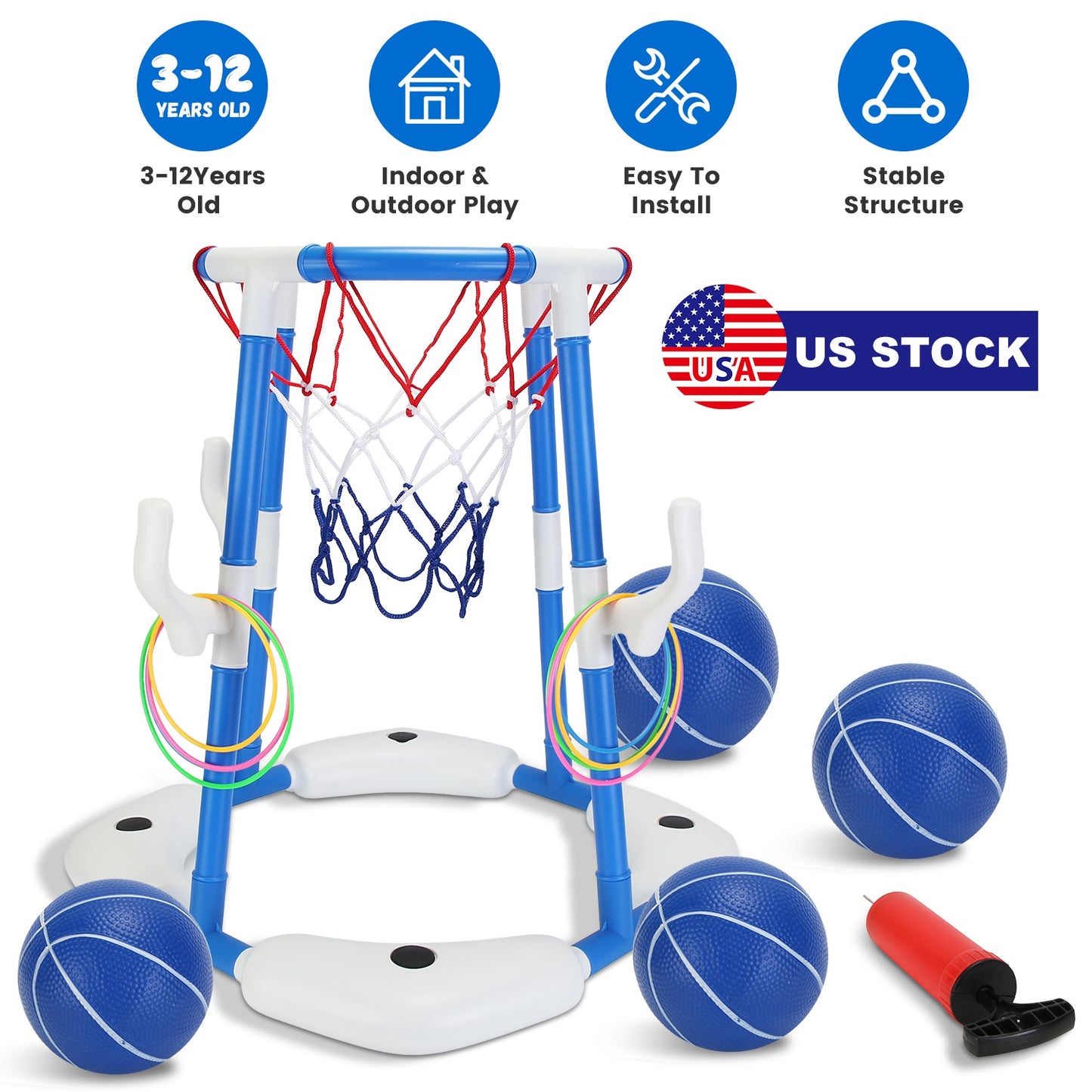 Pool Basketball Hoop Set with 4 Balls & Pump for Kids