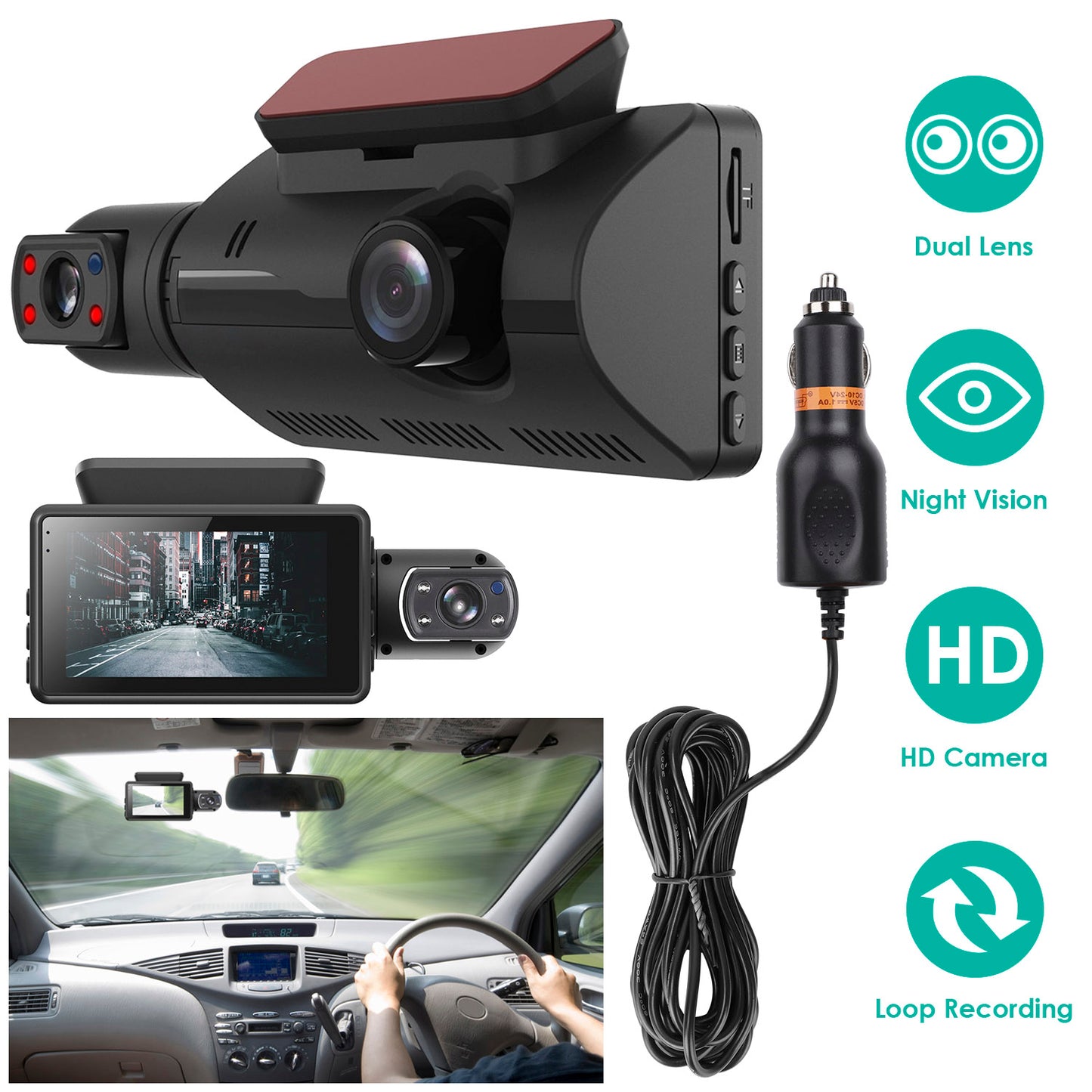 Dual Lens Dash Cam 720P Front & Interior Night Vision Camera