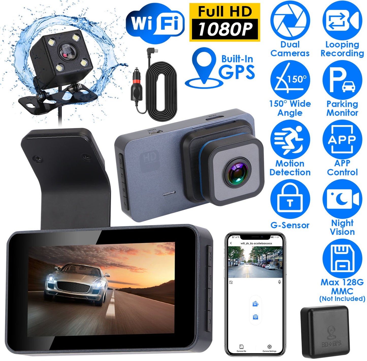 Dual Lens Dash Cam 1080P with WiFi GPS Night Vision