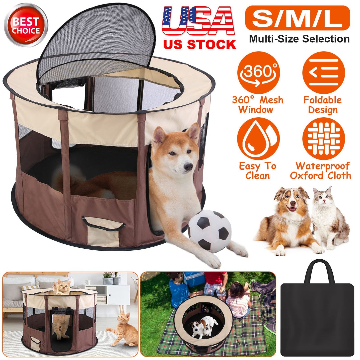 Foldable Dog Playpen with Carry Bag - Waterproof Pet Tent