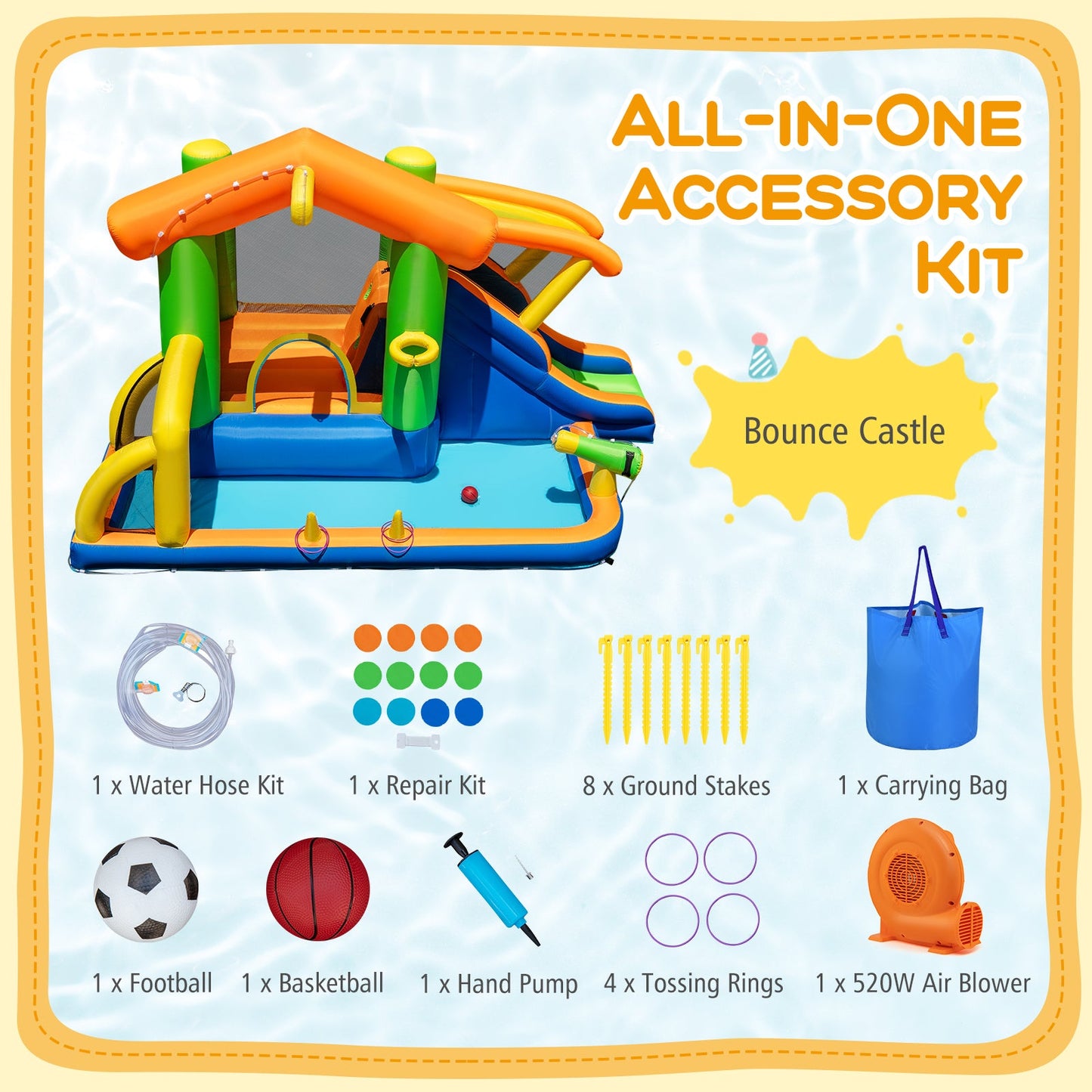 8-in-1 Jumping Castle with Slide and 520W Blower