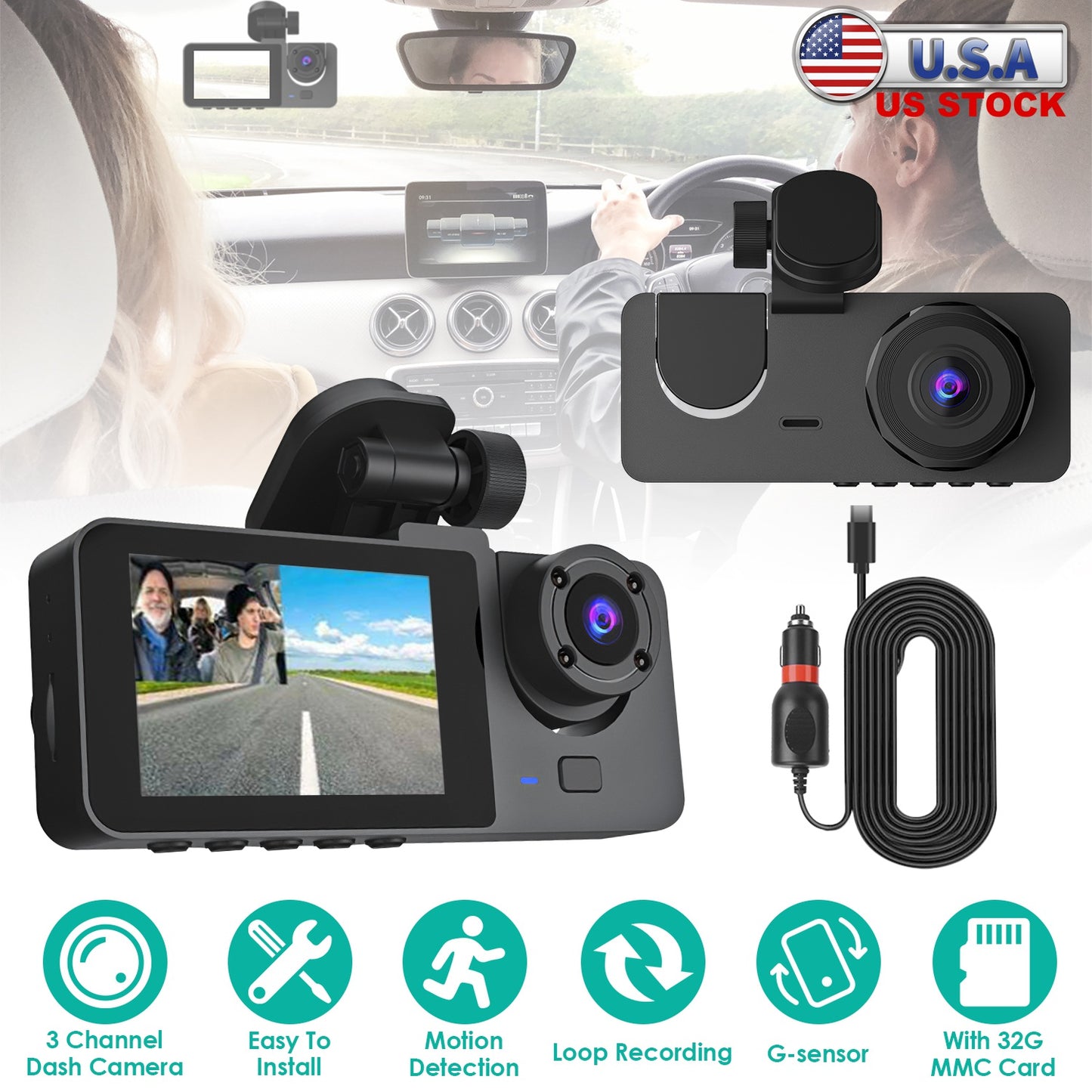3-Channel Dash Cam with Front, Inside & Rear Cameras