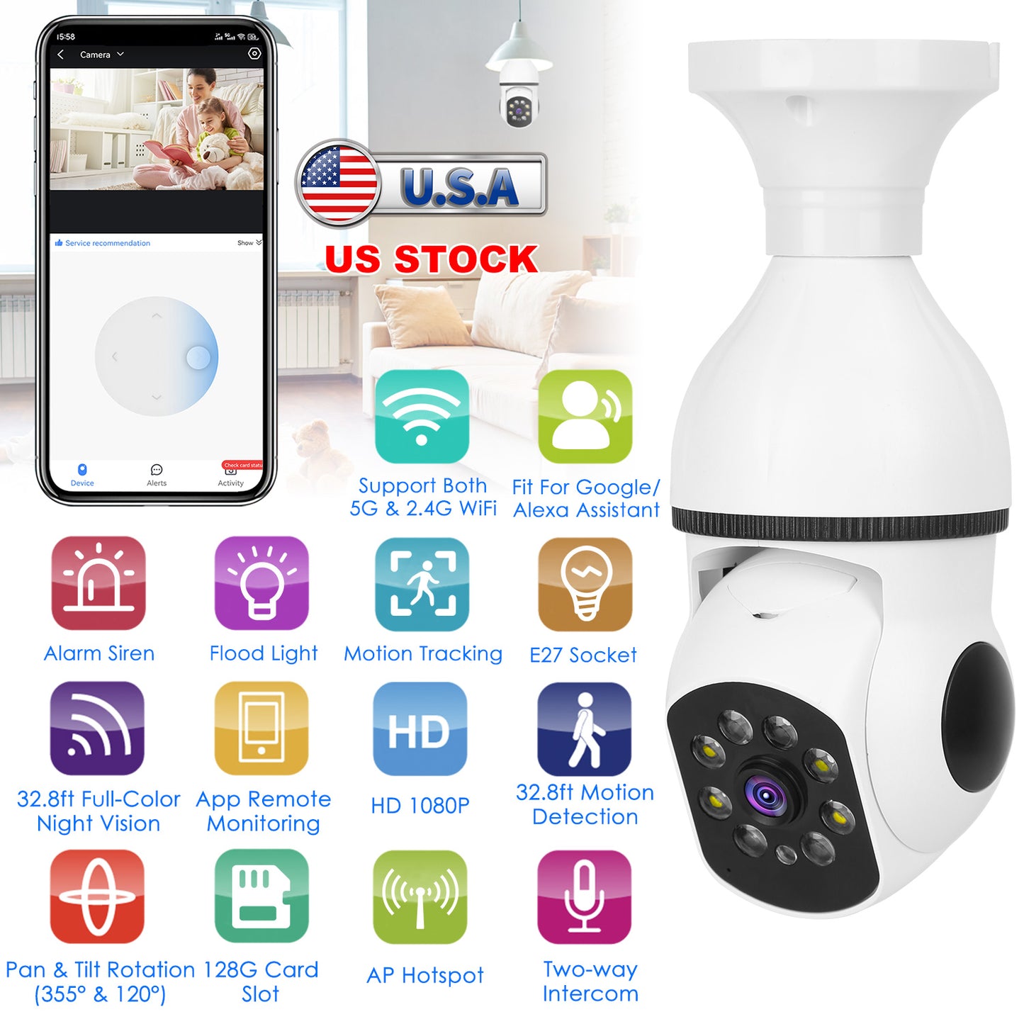 E27 WiFi Bulb Security Camera 1080P with Pan Tilt & Night Vision