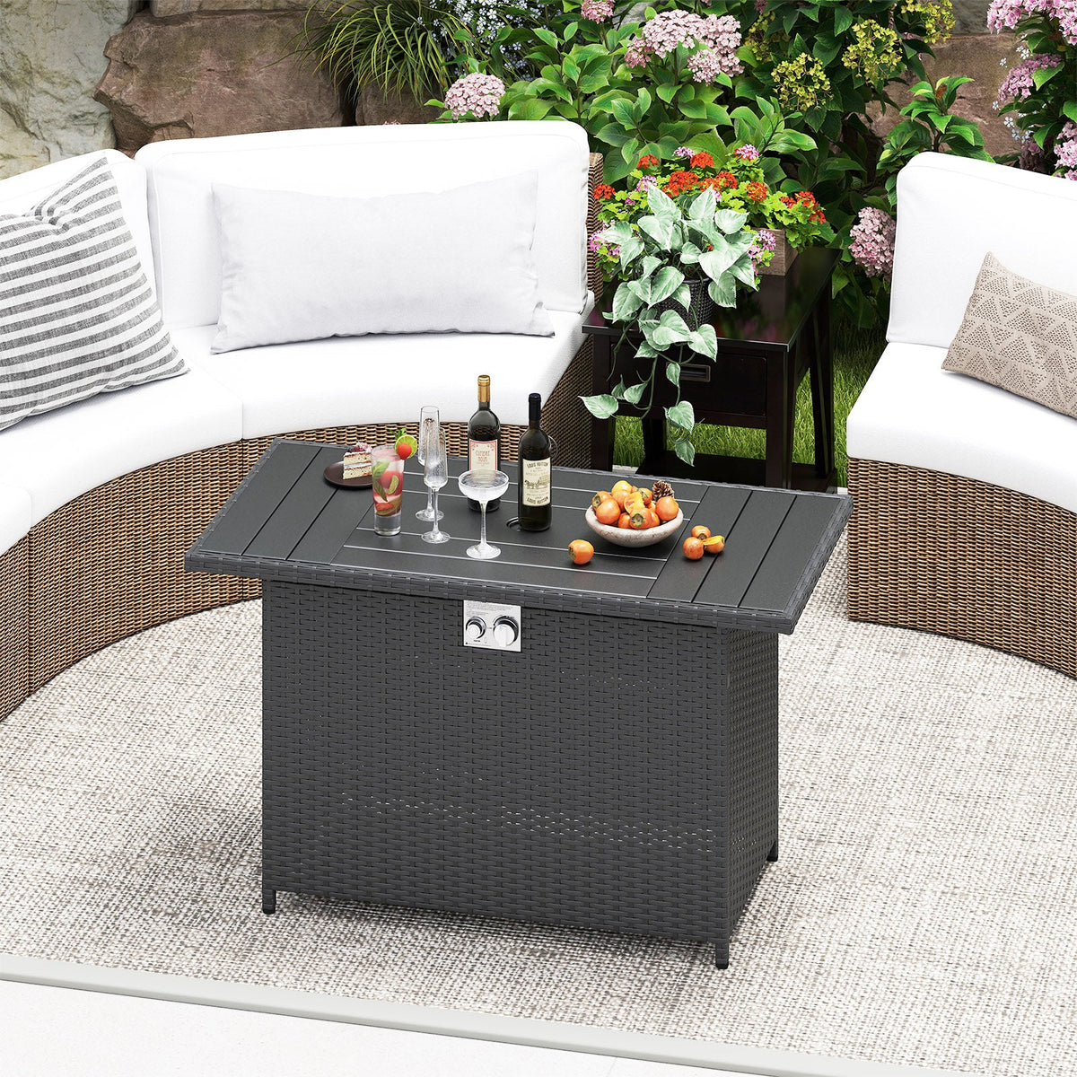 44.5 Inch Propane Fire Pit Table Rattan Gas 2-in-1 with Stainless Steel Burner