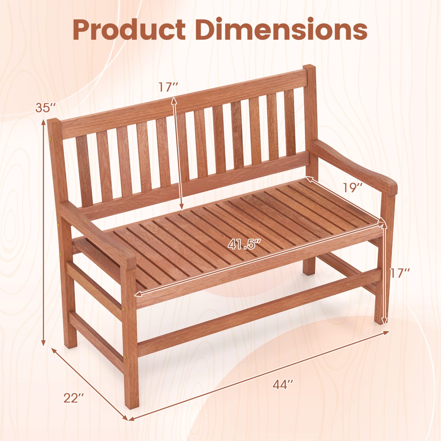 2-Seat Outdoor Loveseat Bench - Solid Wood, 44 Inch