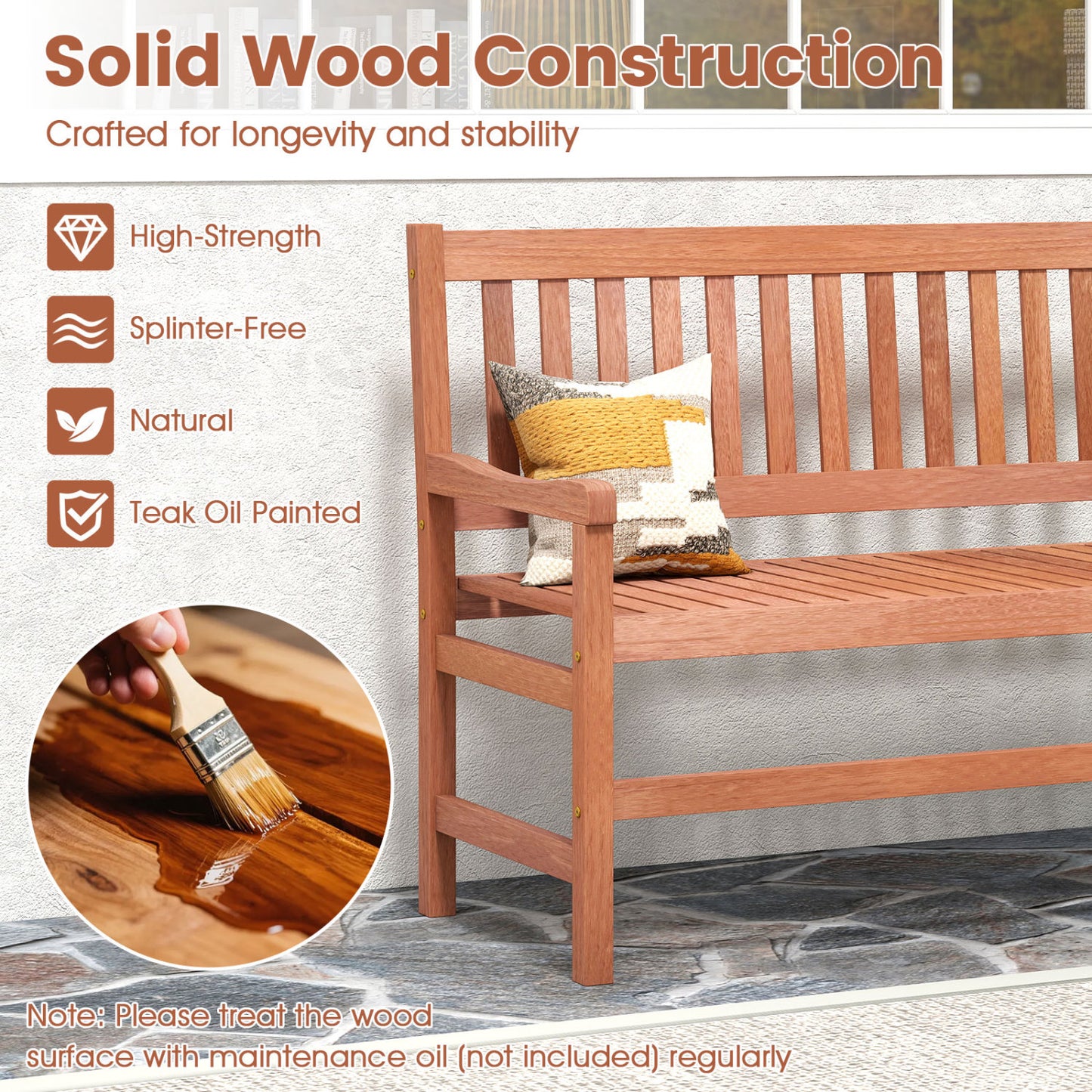2-Seat Outdoor Loveseat Bench - Solid Wood, 44 Inch