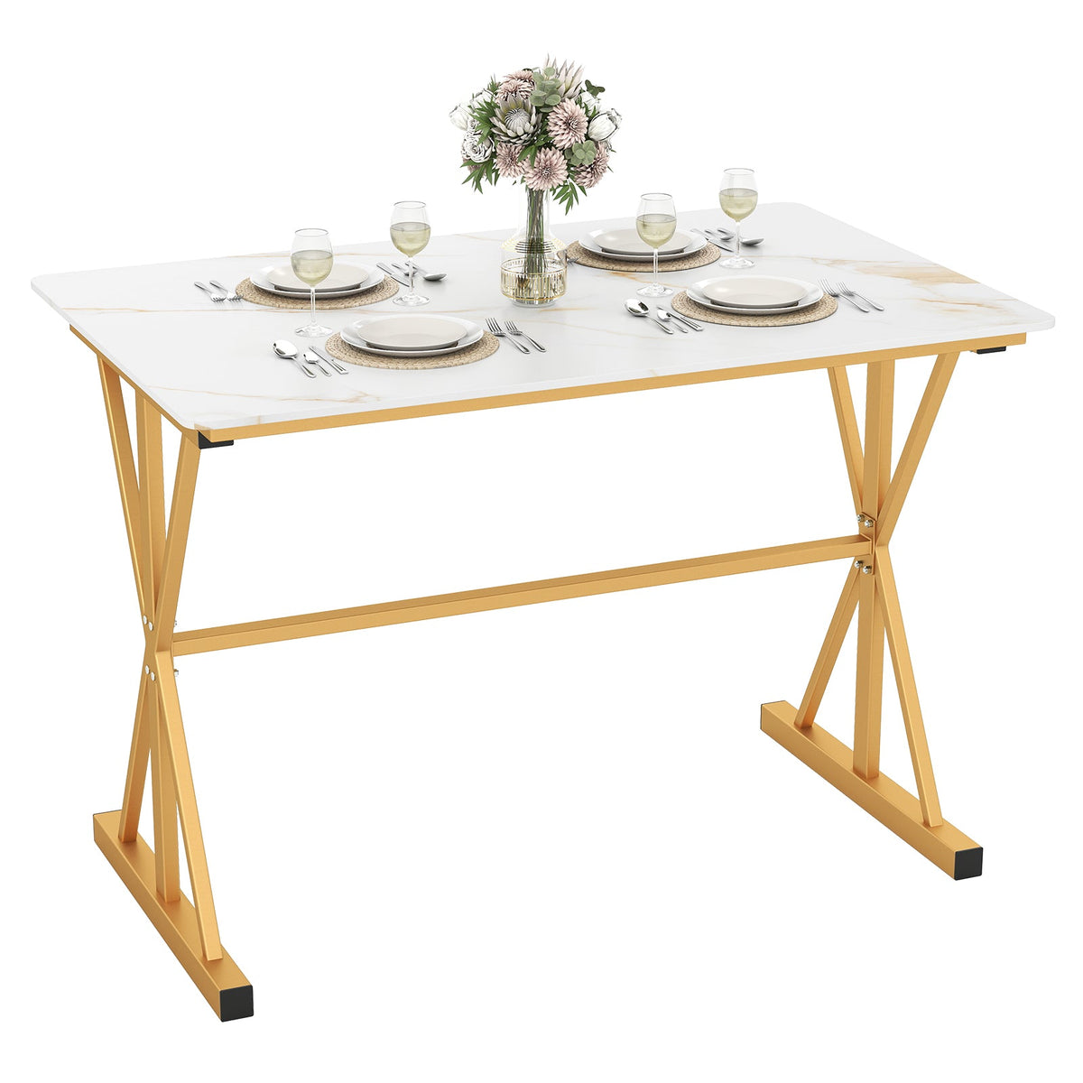 44 Inches Sintered Stone Dining Table with Metal Frame and Faux Marble Tabletop-White