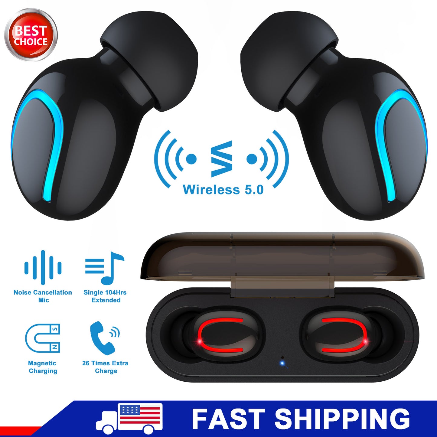 Wireless Earbuds with Magnetic Charging Dock & Noise Canceling