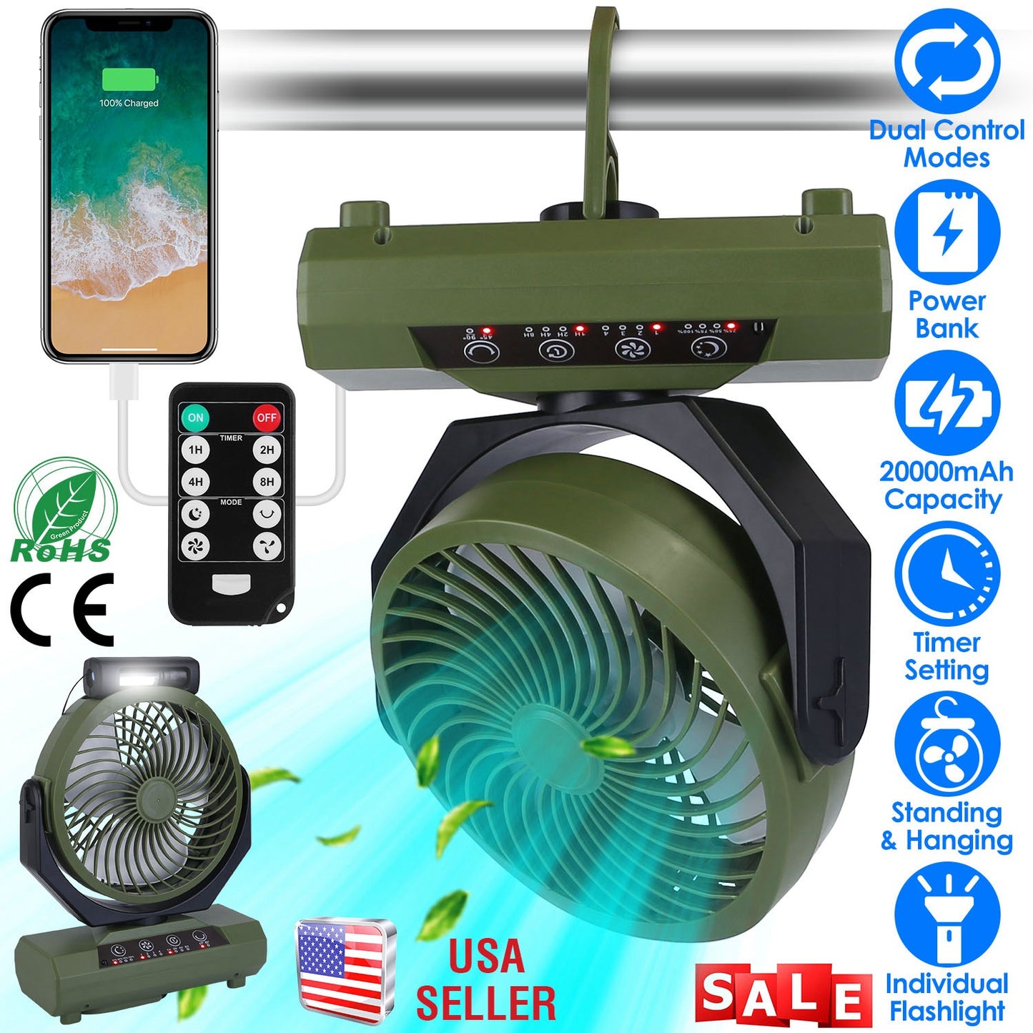 Rechargeable Camping Fan with Flashlight & Power Bank 20000mAh
