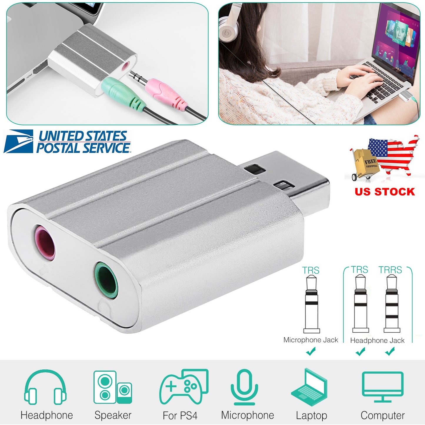 USB Audio Adapter with 3.5mm Headphone & Microphone Jacks