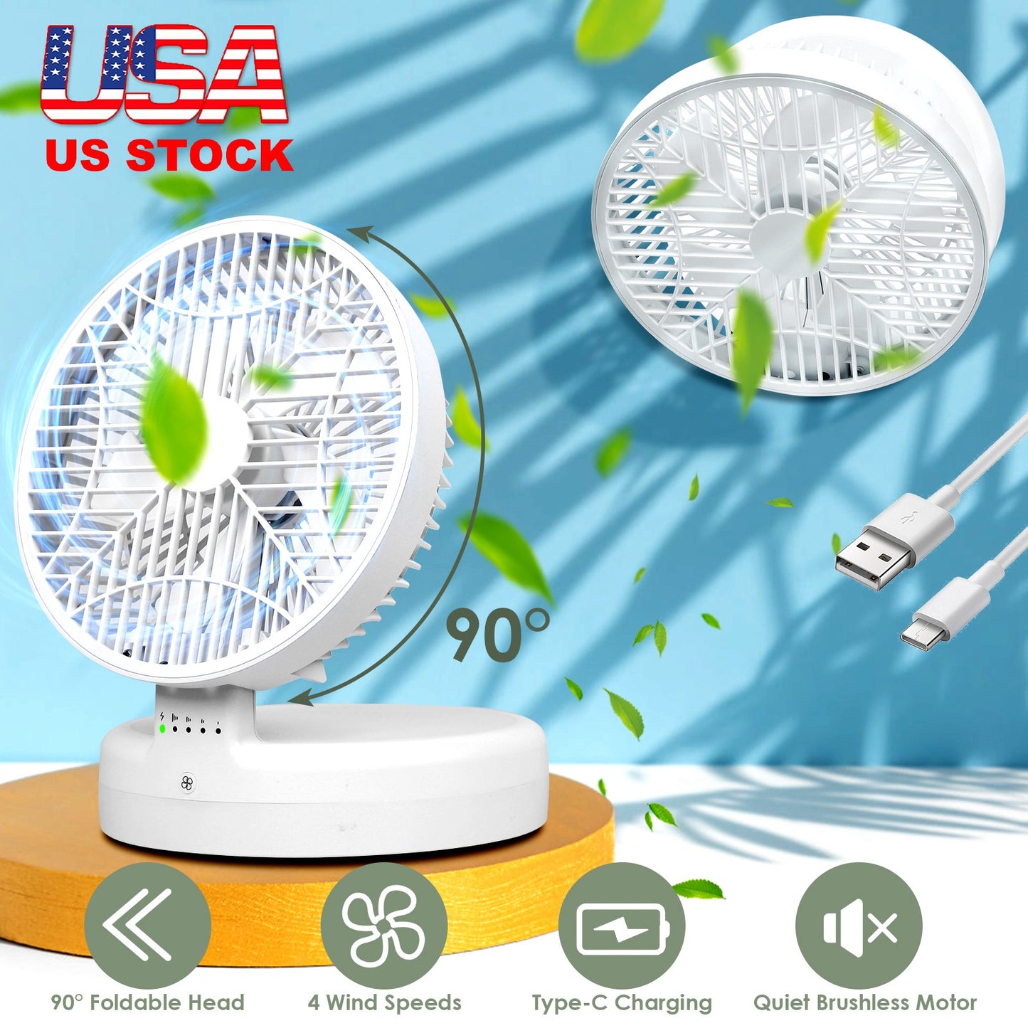 Foldable Desk Fan with 4 Speeds & 90° Adjustable Head