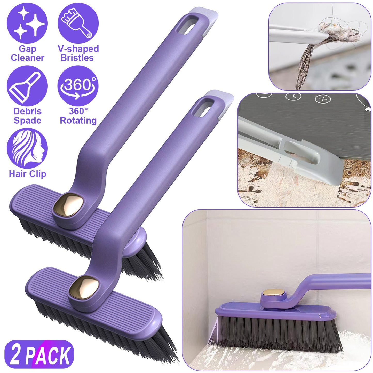 Rotating Crevice Cleaning Brush Set with Hair Clip Tool