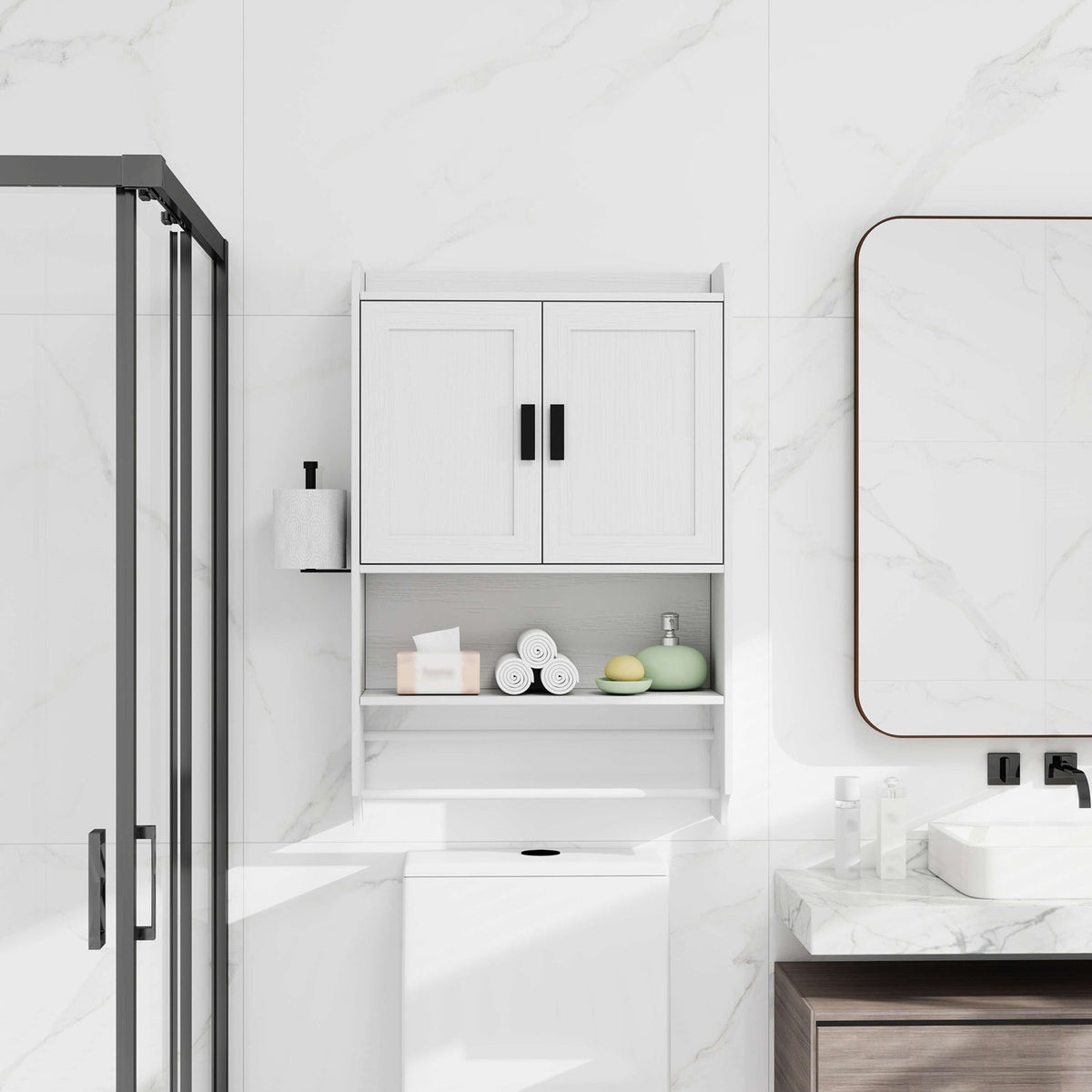 Wall Mounted Bathroom Cabinet with Towel Bar & Toilet Paper Holder