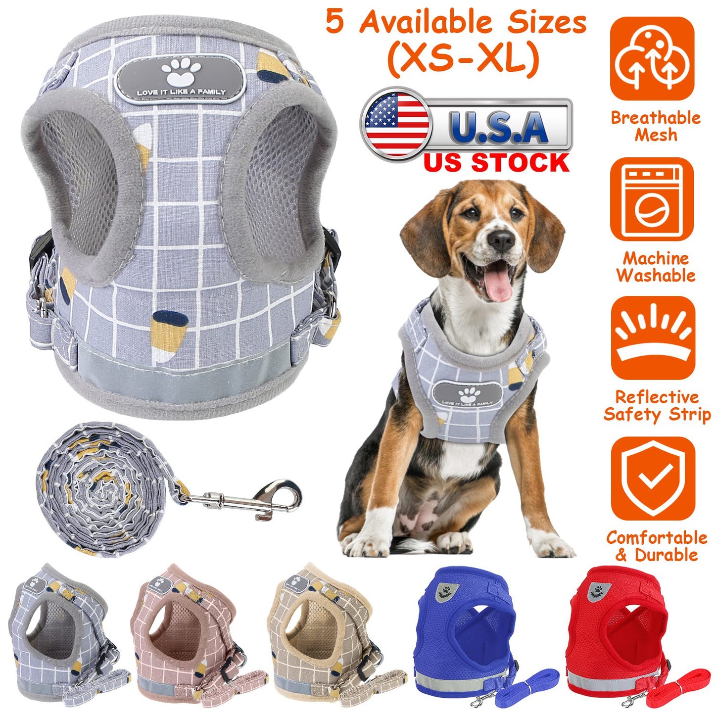 Reflective Dog Harness and Leash Set with Adjustable Mesh Vest