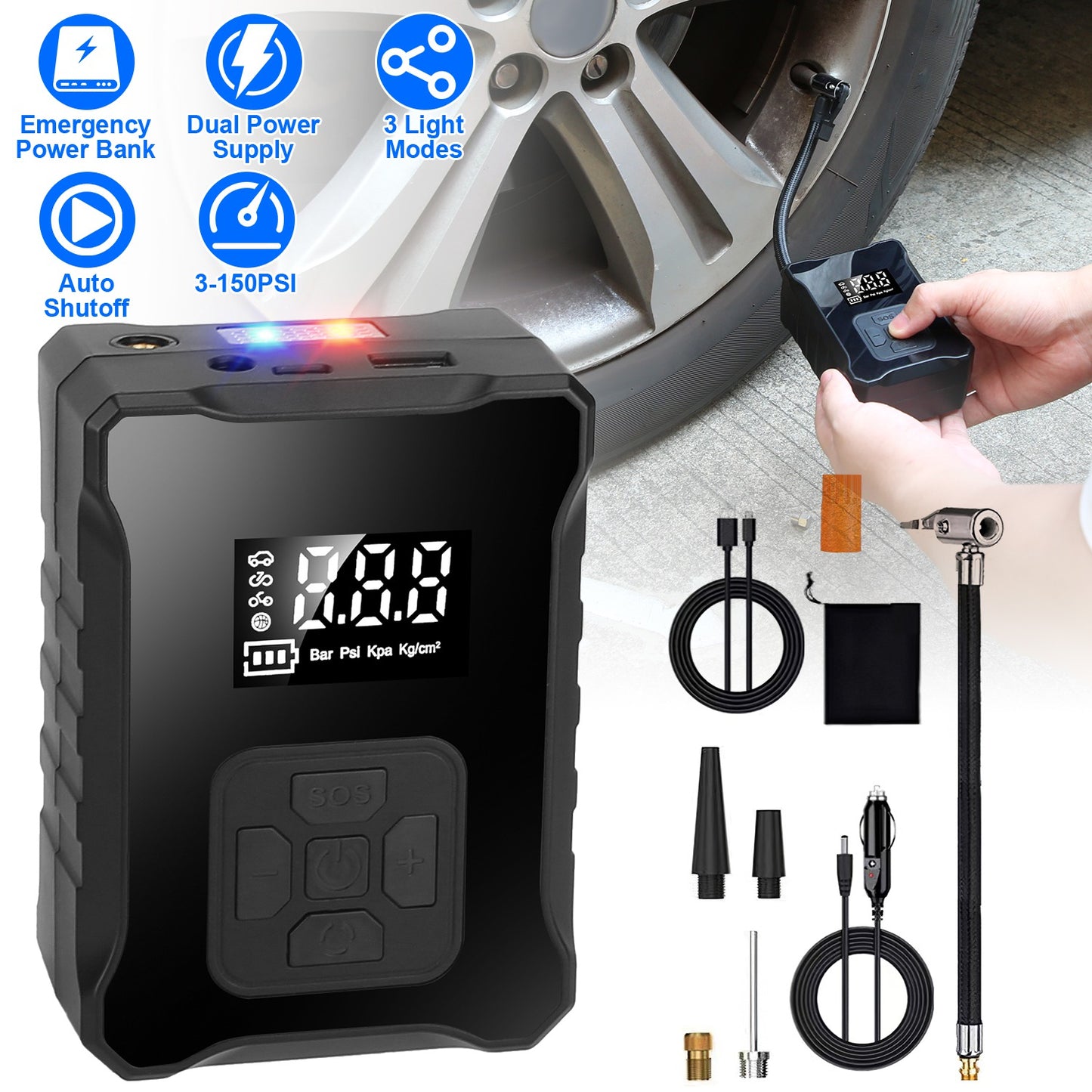 Cordless Tire Inflator 150PSI with LED Light & Power Bank