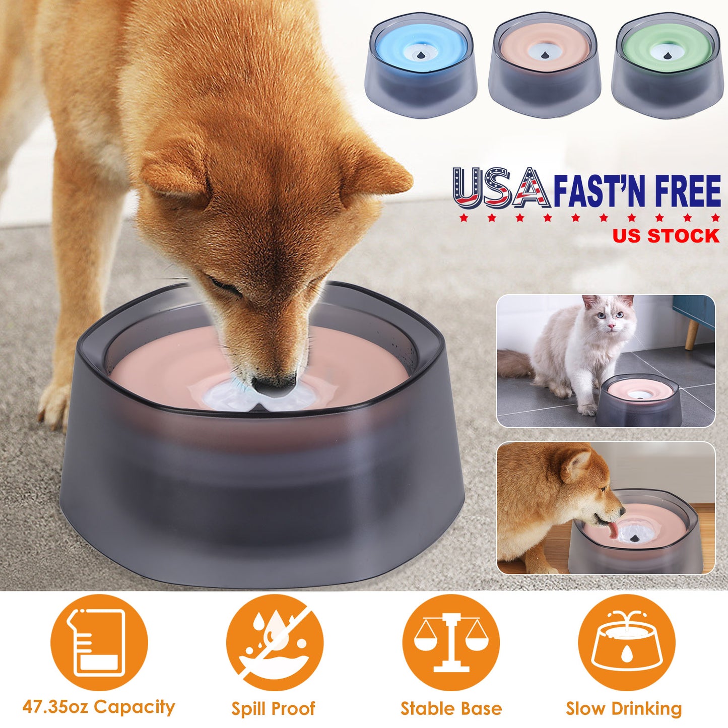 No Spill Dog Water Bowl 47oz Slow Feeder with Float Disk