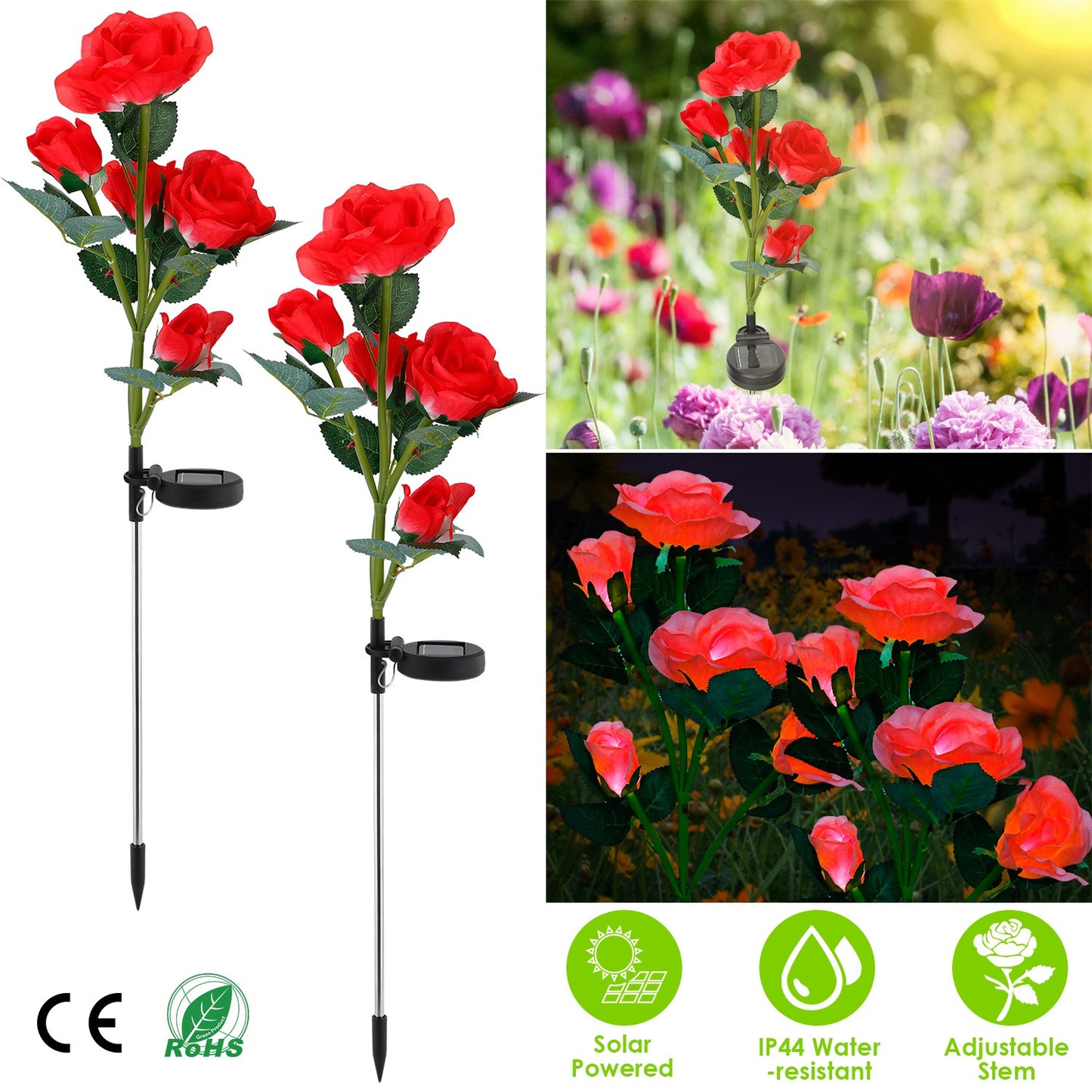 Solar Rose Flower Stake Lights - 2 Pack Outdoor Garden Decor
