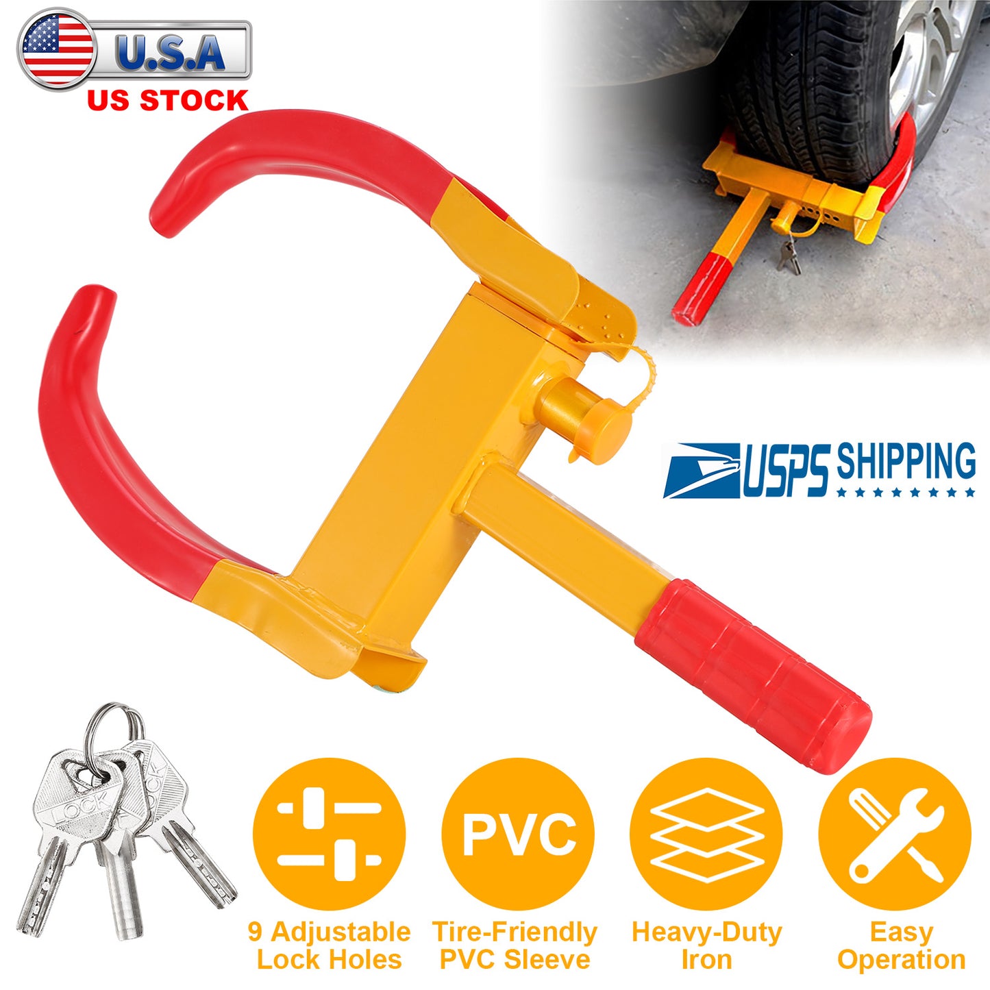 Heavy Duty Wheel Clamp Lock with 3 Keys - Adjustable Tire Lock