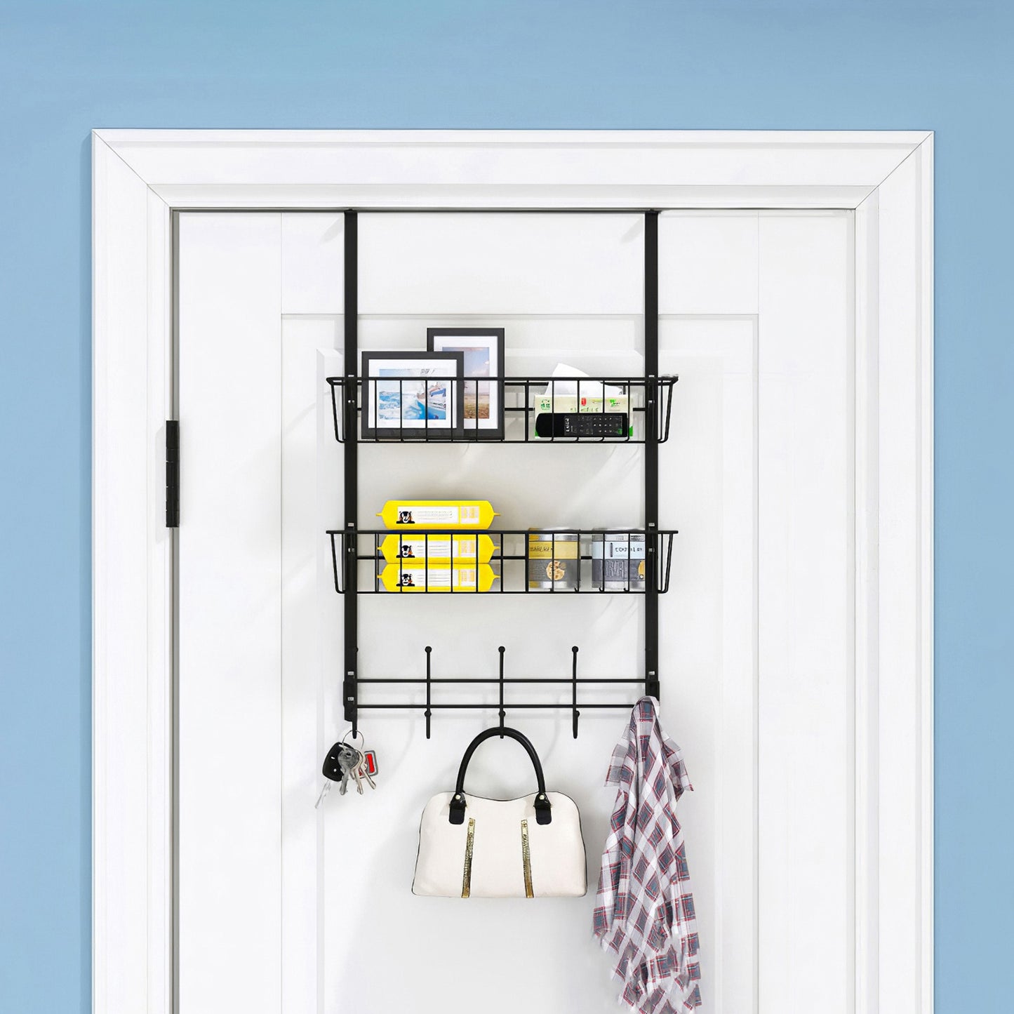 Over The Door Organizer with 5 Hooks and 2 Metal Baskets