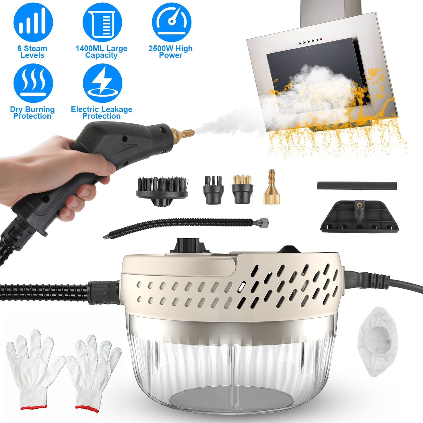 Handheld Steam Cleaner 2500W with 9 Accessories & 6 Levels