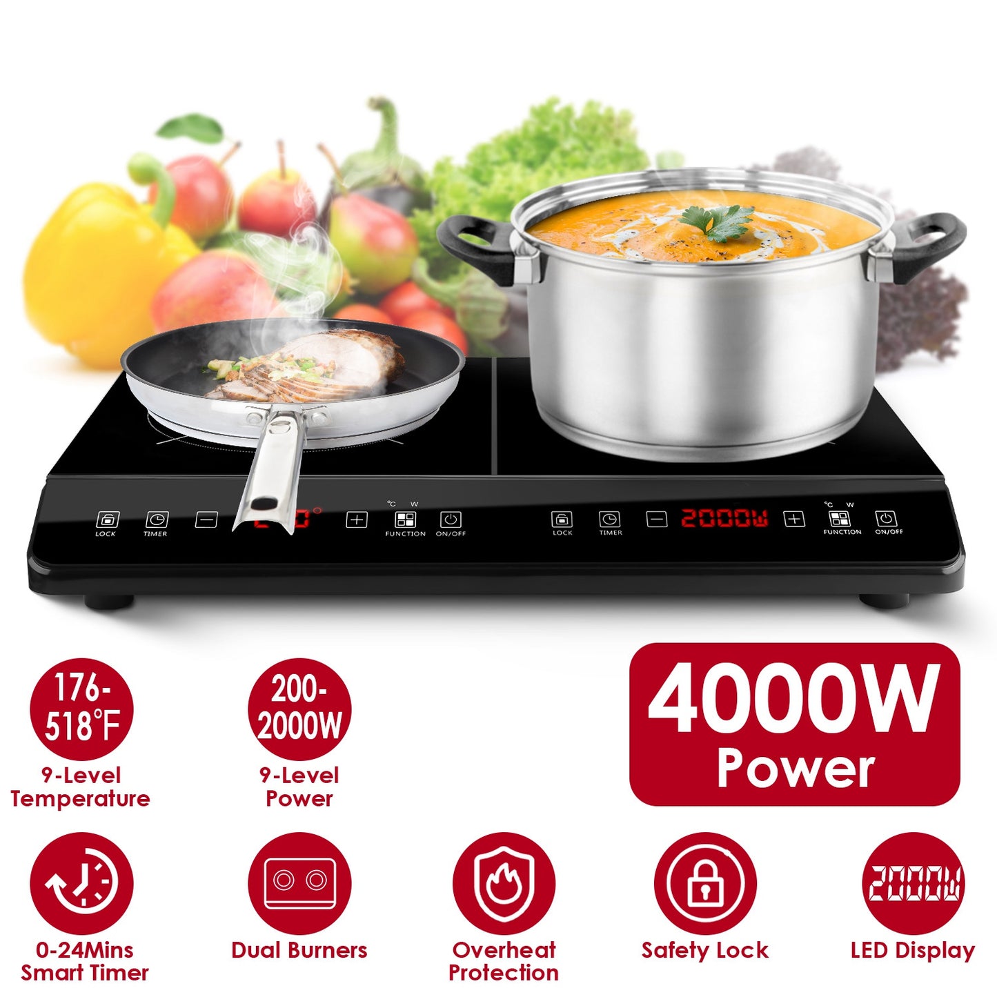 Dual Induction Cooktop 4000W Portable Electric Double Burner
