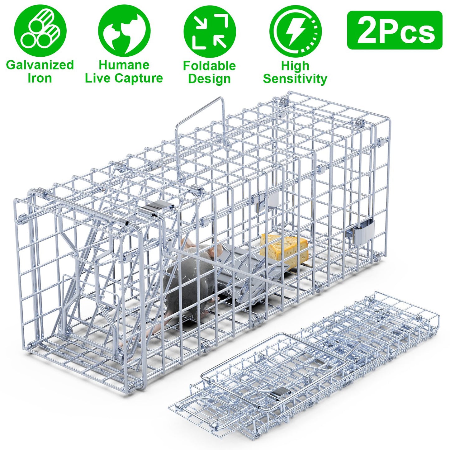 Foldable Humane Rat Trap Cage - 2 Pack Galvanized Steel