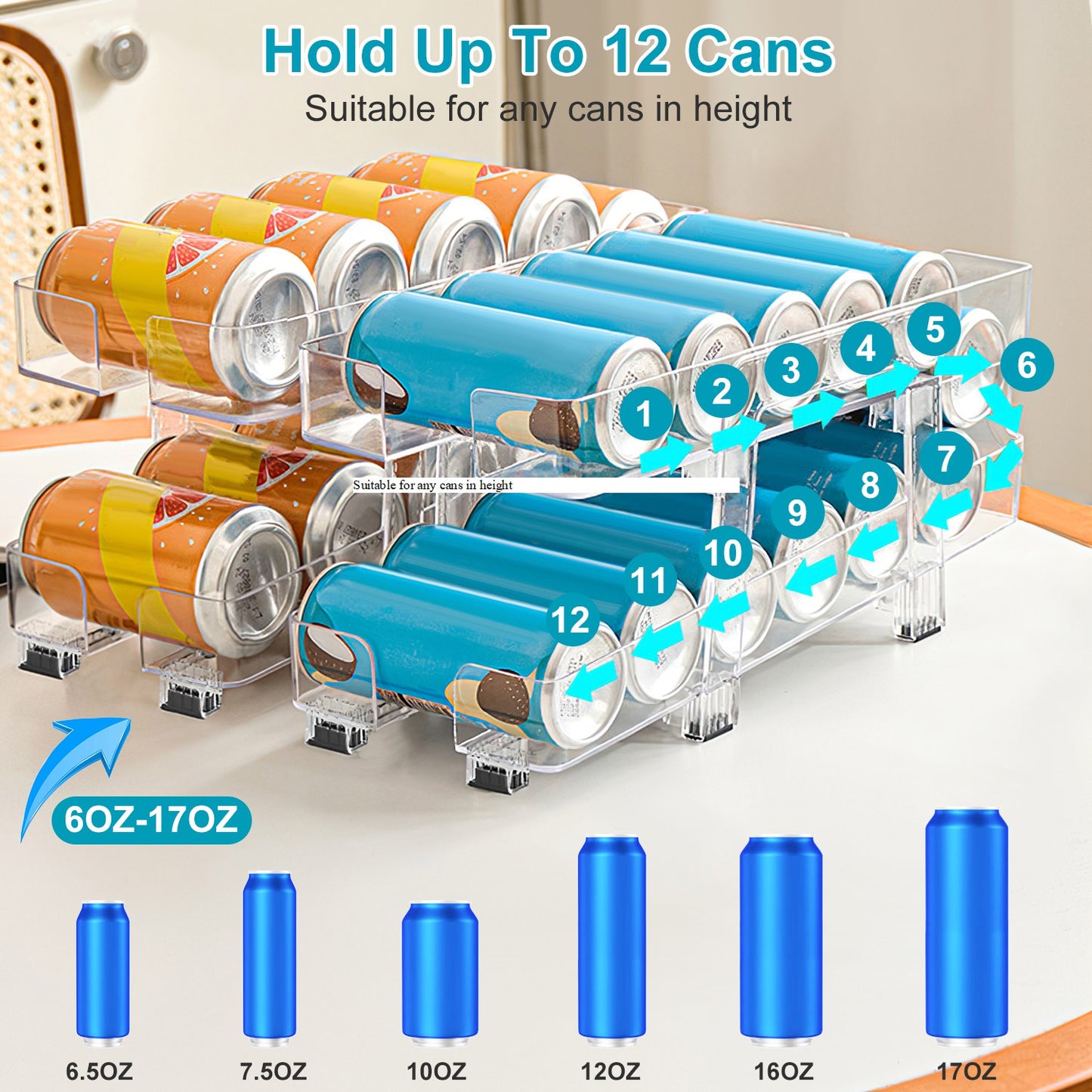 Adjustable Soda Can Organizer 2-Pack with Auto-Rolling Dispenser