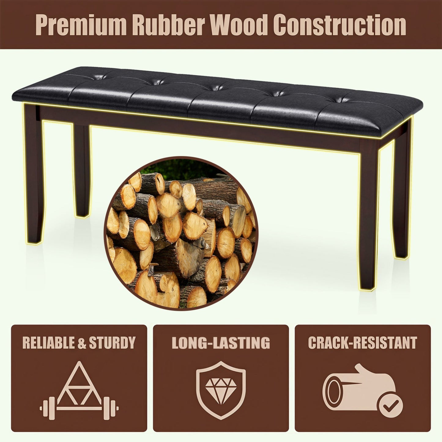 Upholstered Bench with Tufted Seat and Wood Legs, 45.5"