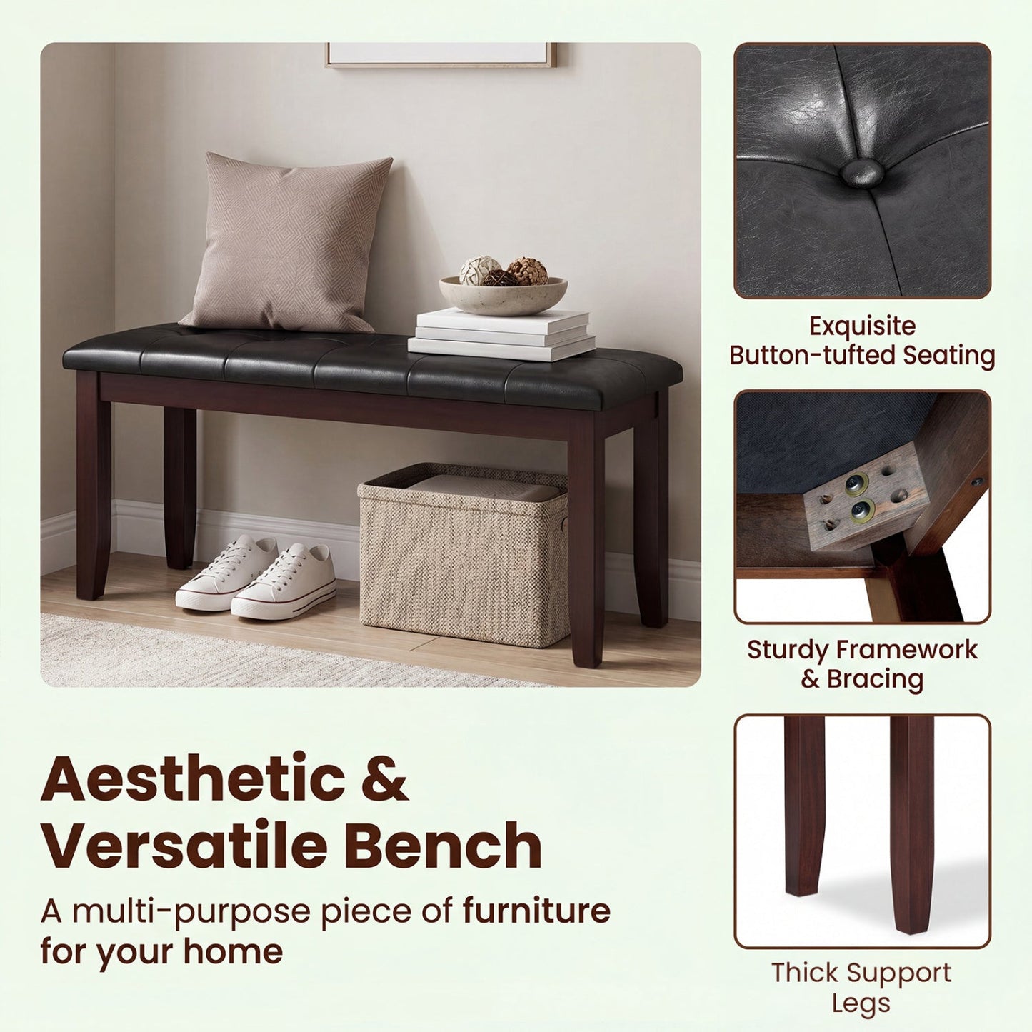 Upholstered Bench with Tufted Seat and Wood Legs, 45.5"