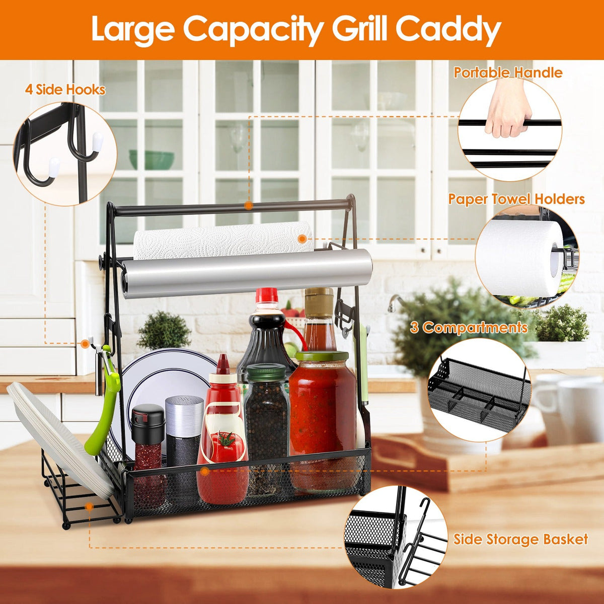 Utensil Caddy Metal Grill Caddy with Paper Towel Holders Utensil Holder	for Outdoor Picnic Barbecue Camping Grilling Tools Storage Organizer Barbecue