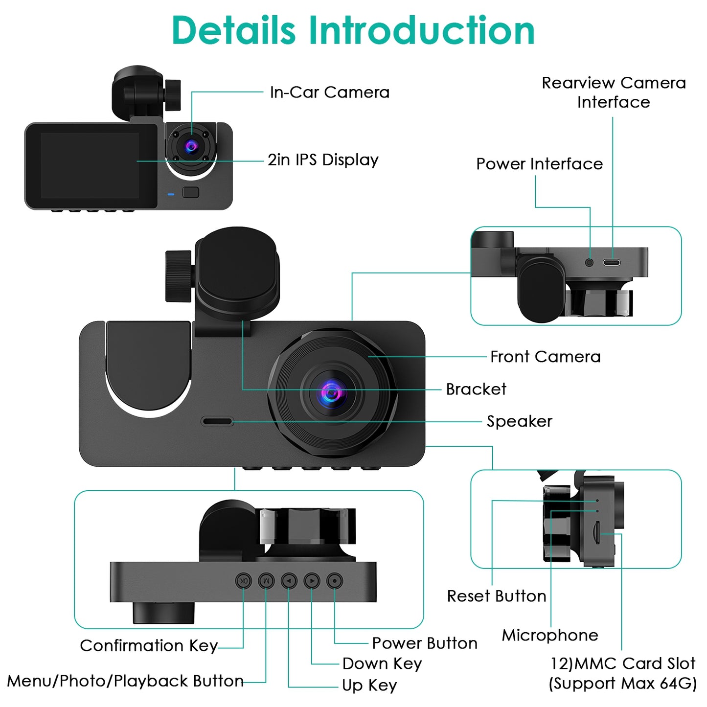 3-Channel Dash Cam with Front, Inside & Rear Cameras